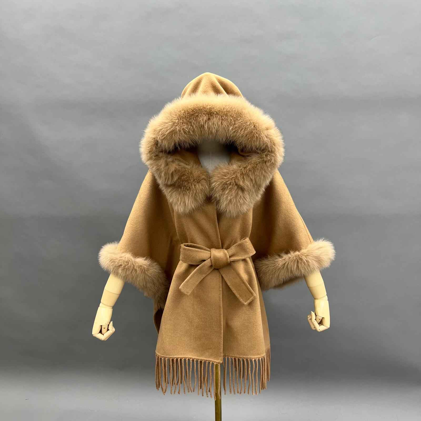 Double-Faced Cashmere Cape Coat for Women with Hood and Fringe Double-Faced Wool Outer Jacket - Janefur