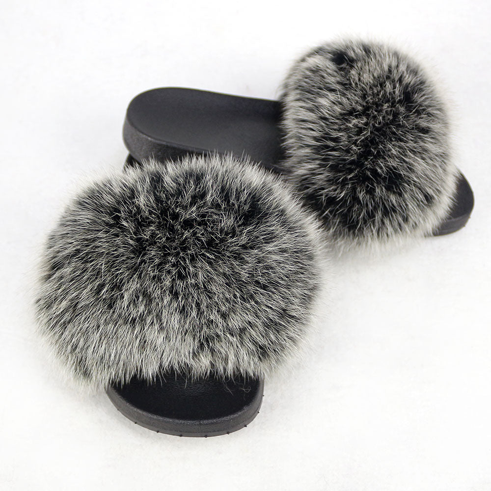Janefur Wholesale Women's Fashion Slippers With Real Fox Fur Trim (Black, Gold, Silver Soles)
