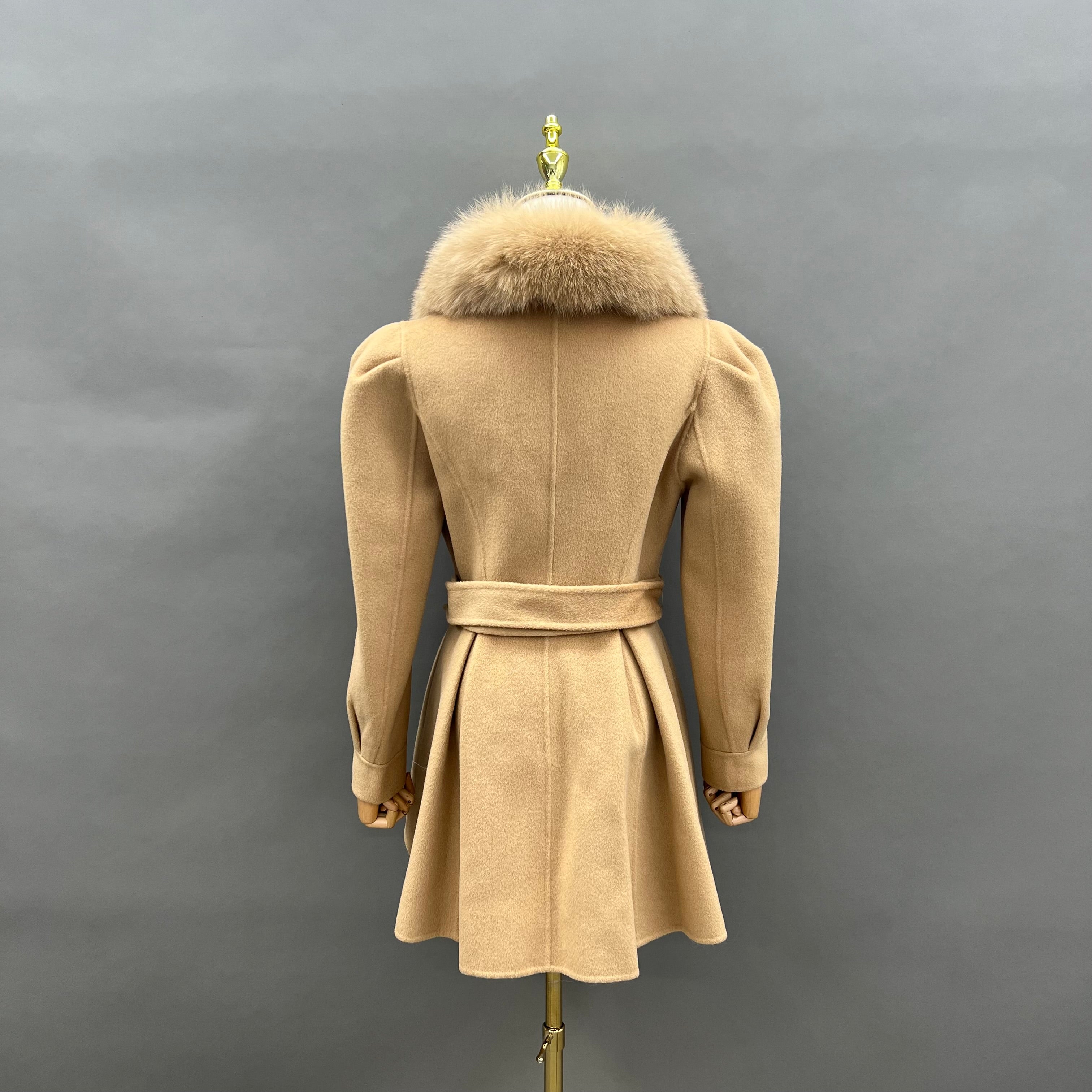 Women’s Camel Double-Faced Wool Coat with Real Fox Fur Collar – Puff Sleeve Double-Breasted Winter Jacket for Elegant Fashion