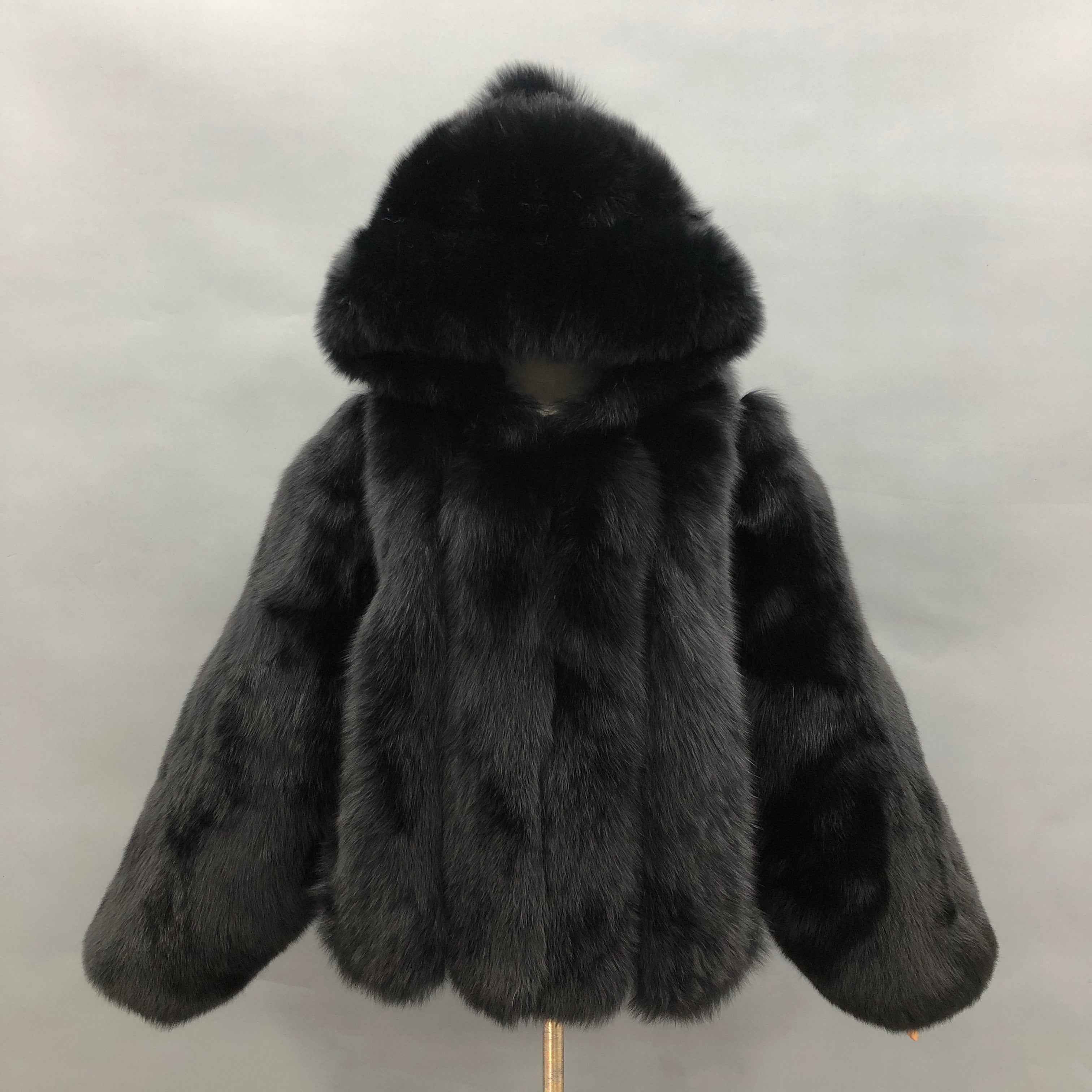 Luxury Fluffy Red Fox Fur Hooded Coat with Vertical Stripes - Short Winter Jacket Black Contact us to customized