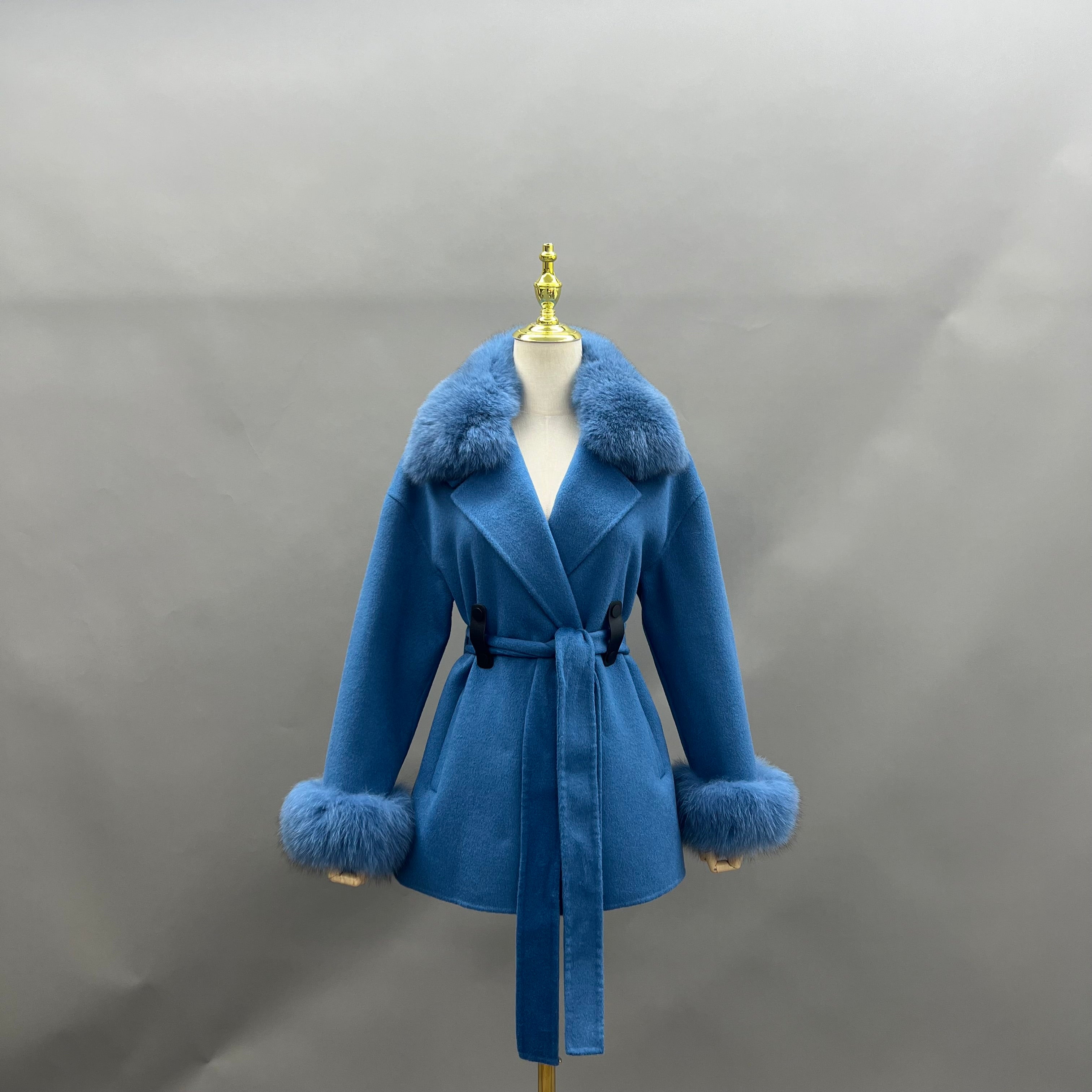 Trendy New Style Fox Fur Collar Short Cashmere Coat For Women 8#Royal Blue