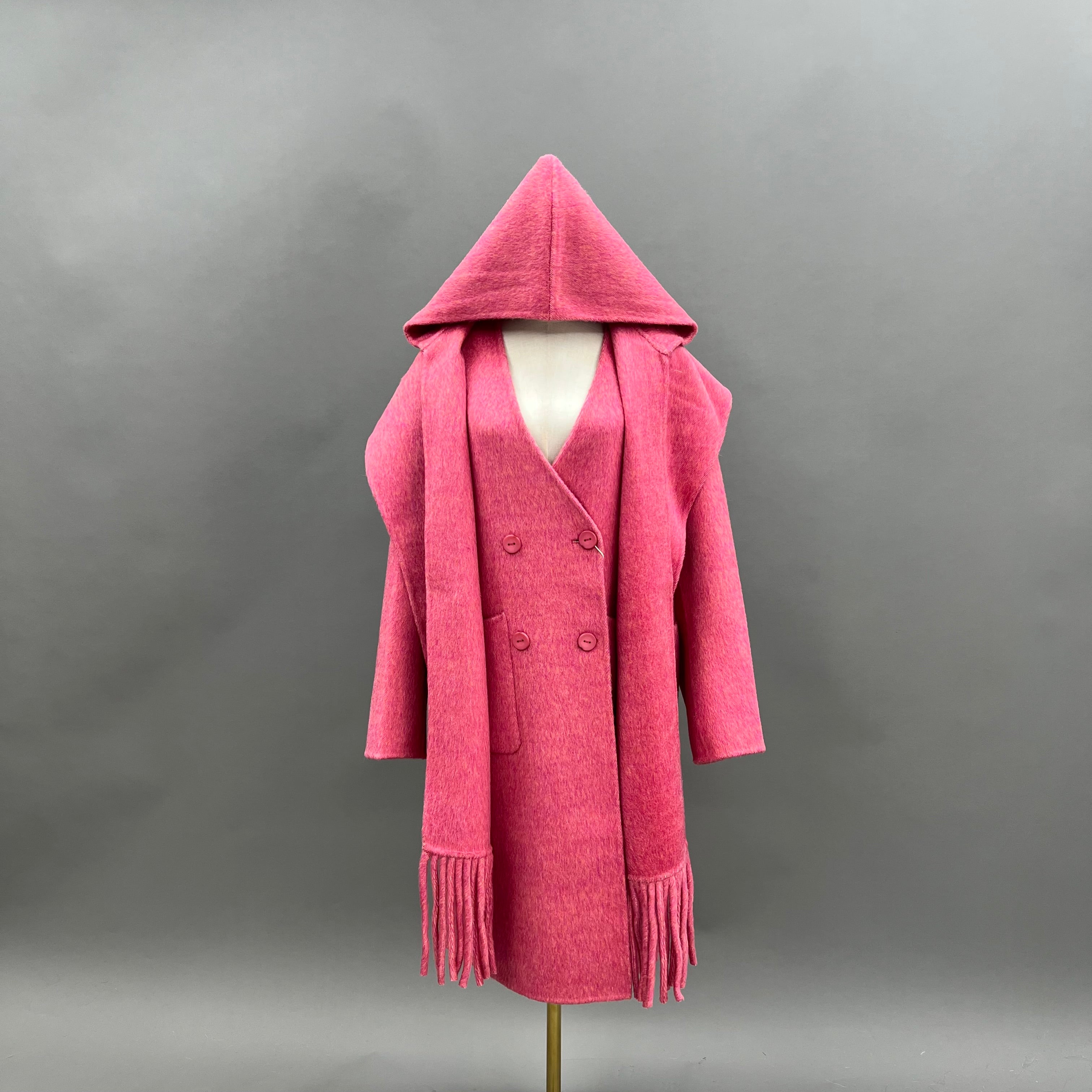 Women’s Pink Double-Faced Wool Coat with Hood and Scarf Collar – Long Winter Jacket with Fringe Detail for Fashion Statement Pink