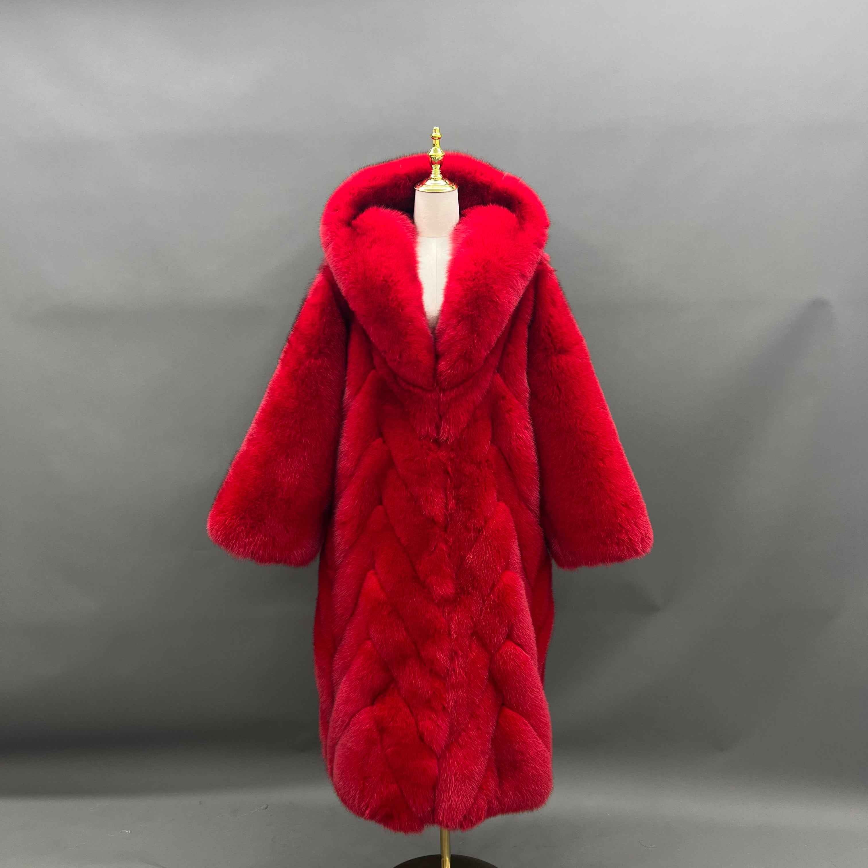 Luxury Red Fox Fur Coat with Hood – Long Chevron Stitched Women’s Winter Fur Jacket