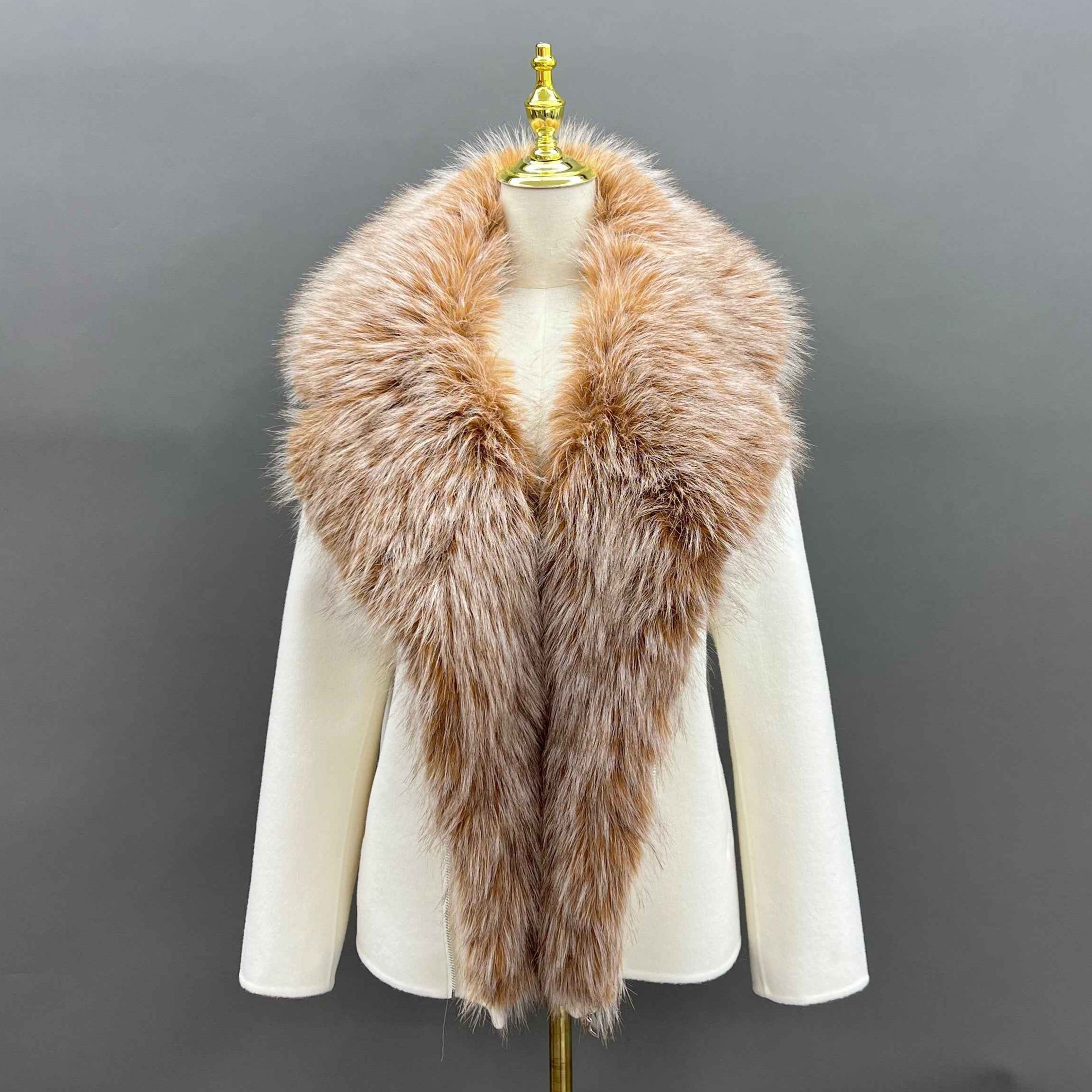 Autumn Winter White Cashmere Wool Double - faced Coat with Faux Fur Collar & Asymmetric Zipper