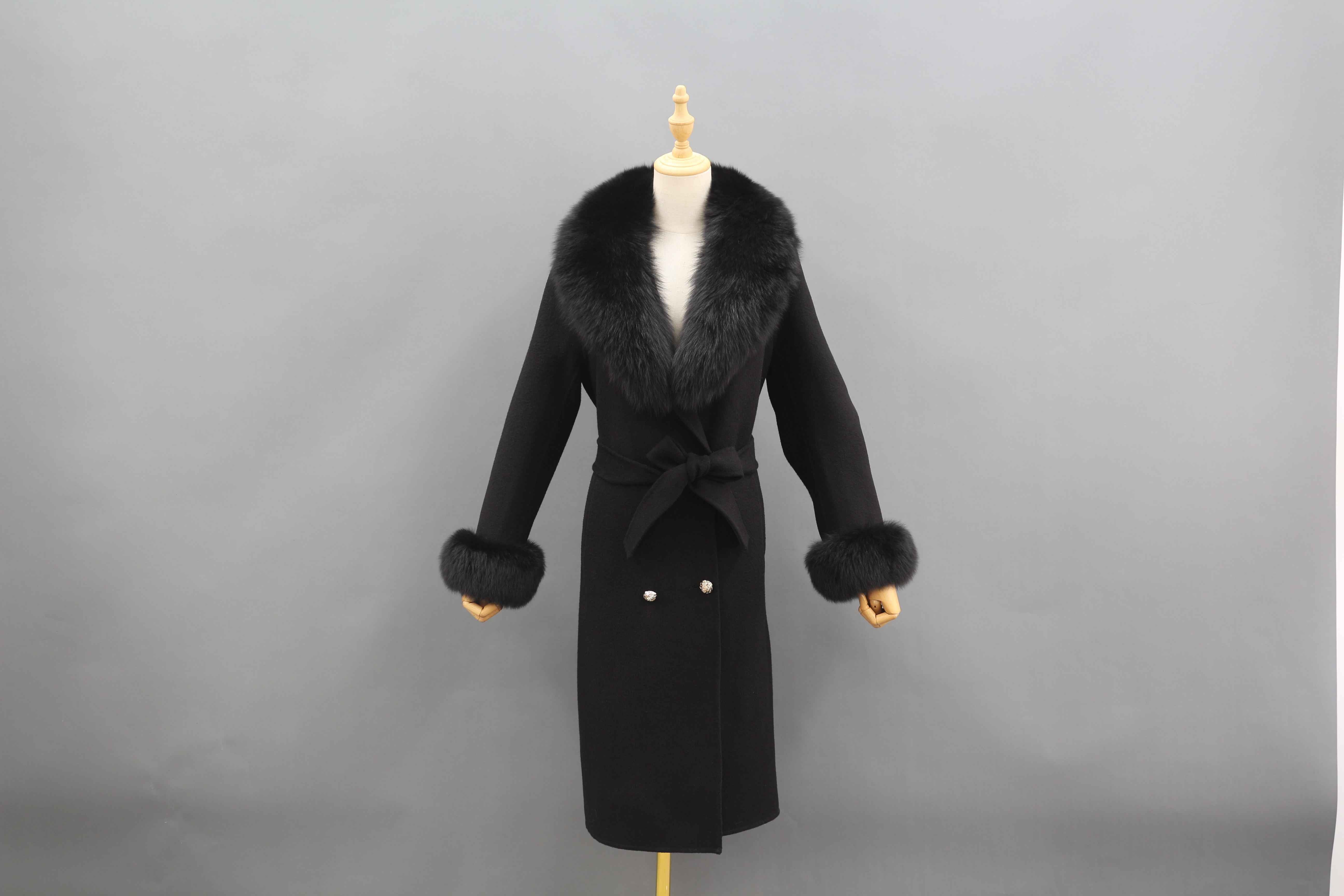 Luxurious Double - Faced Wool Long Coat with Large Fox Fur Collar, Fur Cuffs and Tie Waist