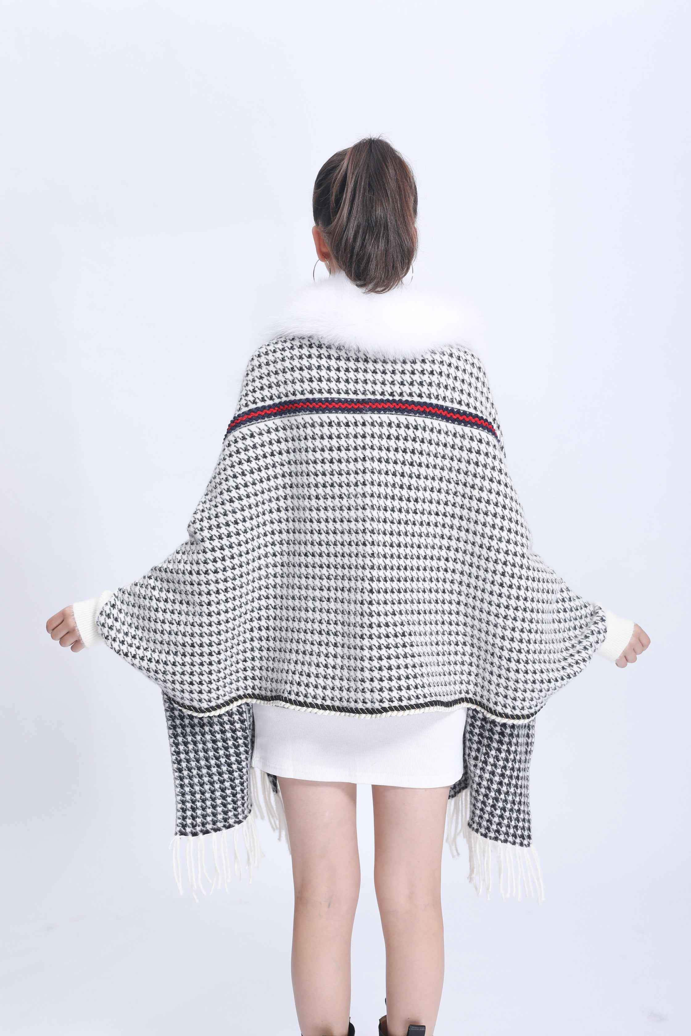 Women's Houndstooth Cape with Fox Fur Collar, Webbing Details, Pockets & Fringe - Luxurious Winter Shawl Accessory