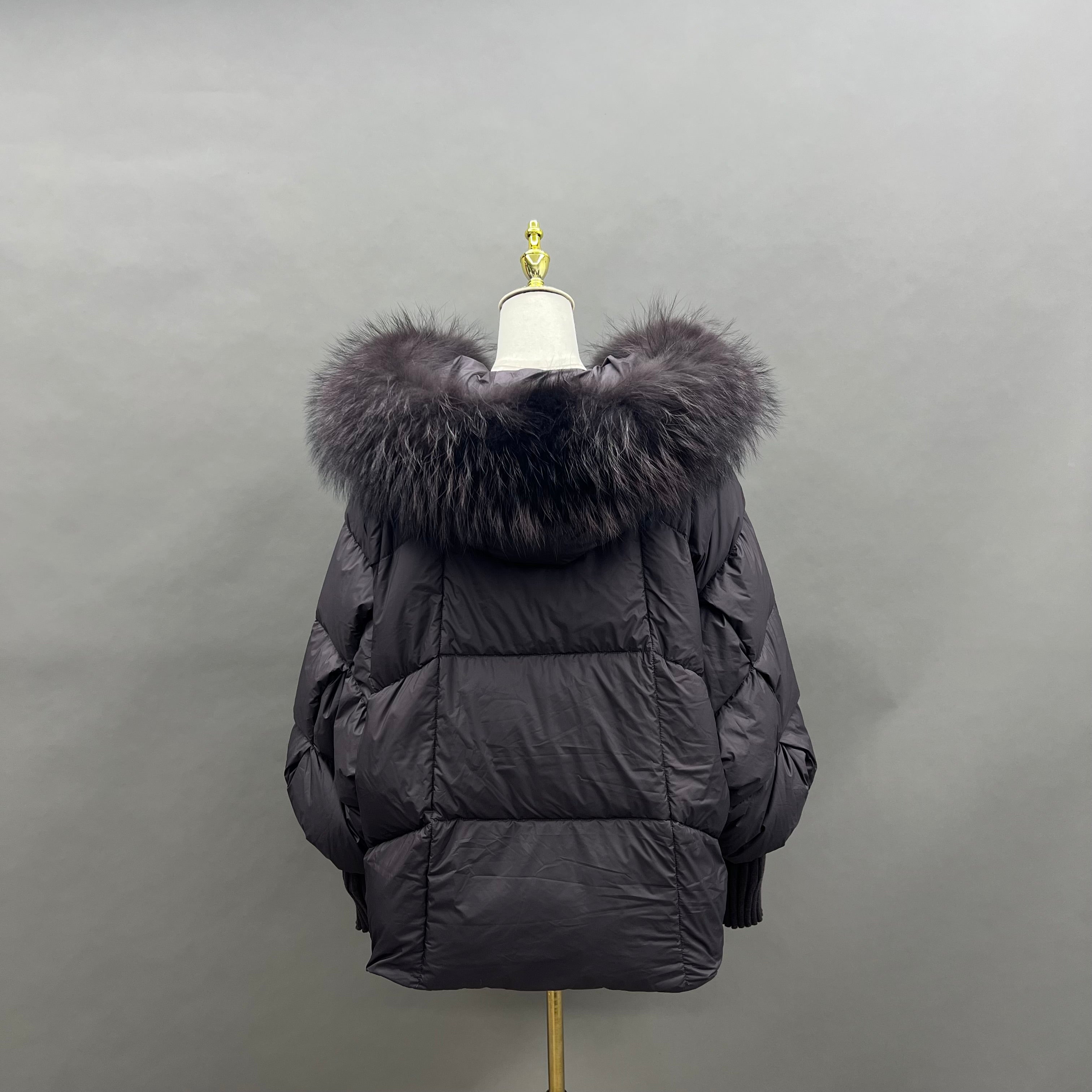 Women’s Black Down Jacket with Real Raccoon Fur Hood – Short Puffer Winter Coat for Elegant Fashion