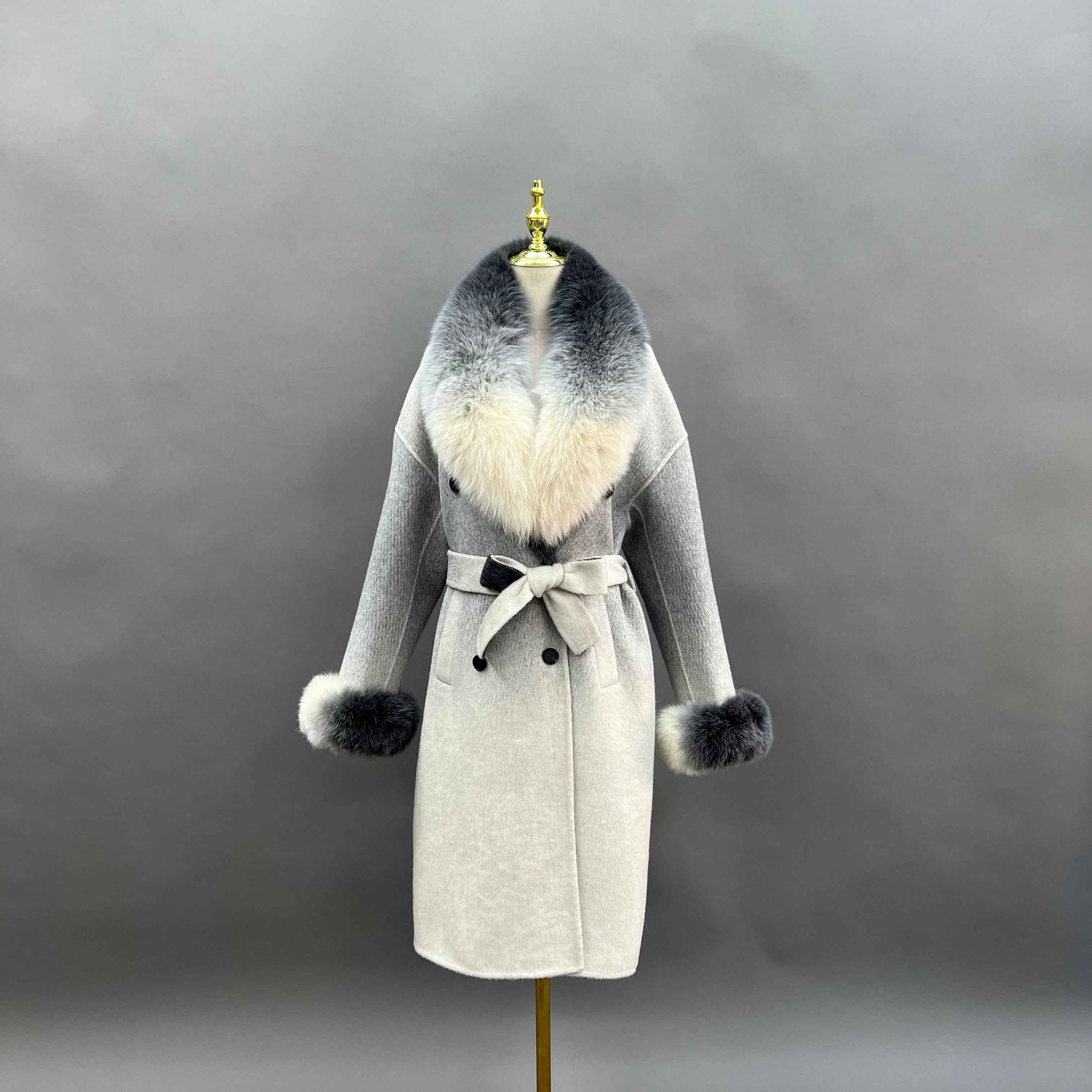 Cashmere Double Faced Coat with Fox Fur Collar & Cuffs and Tie Belt