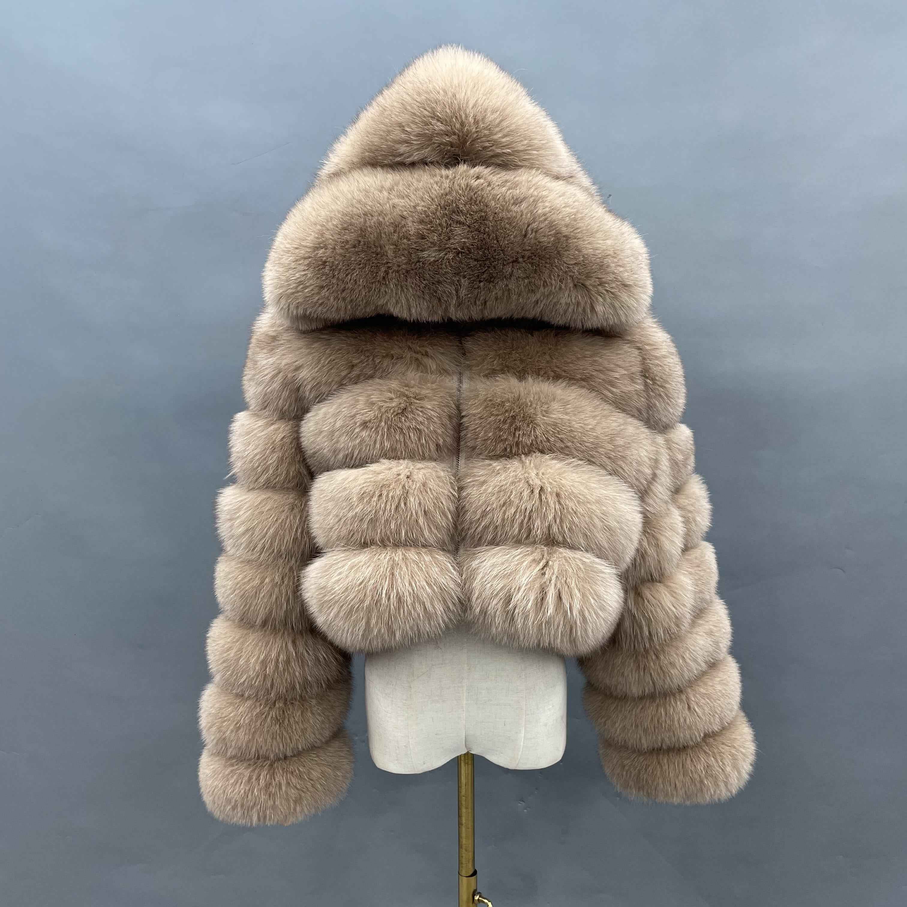 Women's Premium Fox Fur Cropped Hooded Jacket - 3-Panel Body & 6-Panel Sleeves with Zipper Closure Winter Fashion Warm Coat Camle
