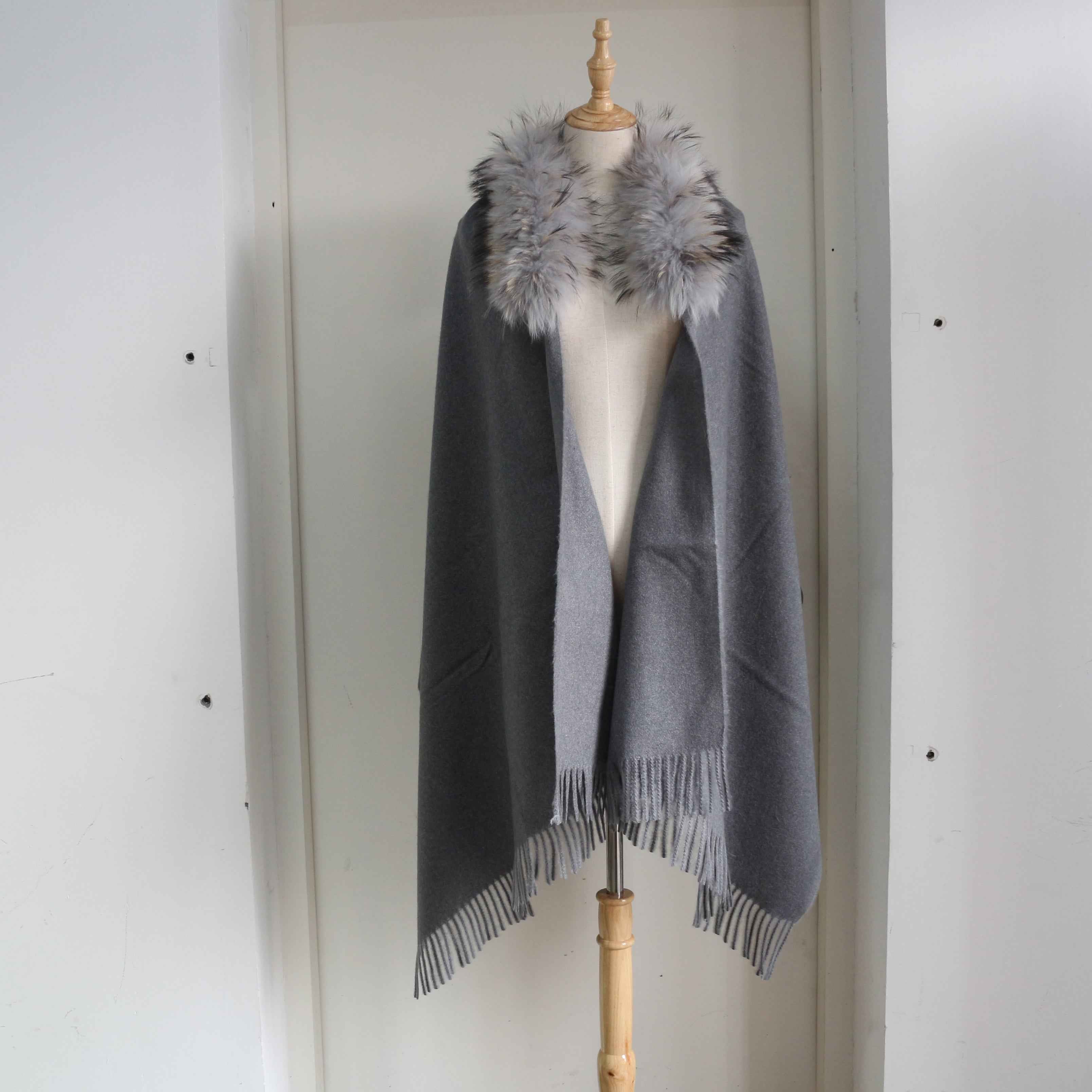 Women's Luxurious Mink Fur Shawl with Raccoon Dog Fur Collar & Fringe Detail - Winter Fashion Accessory 9#Grey F