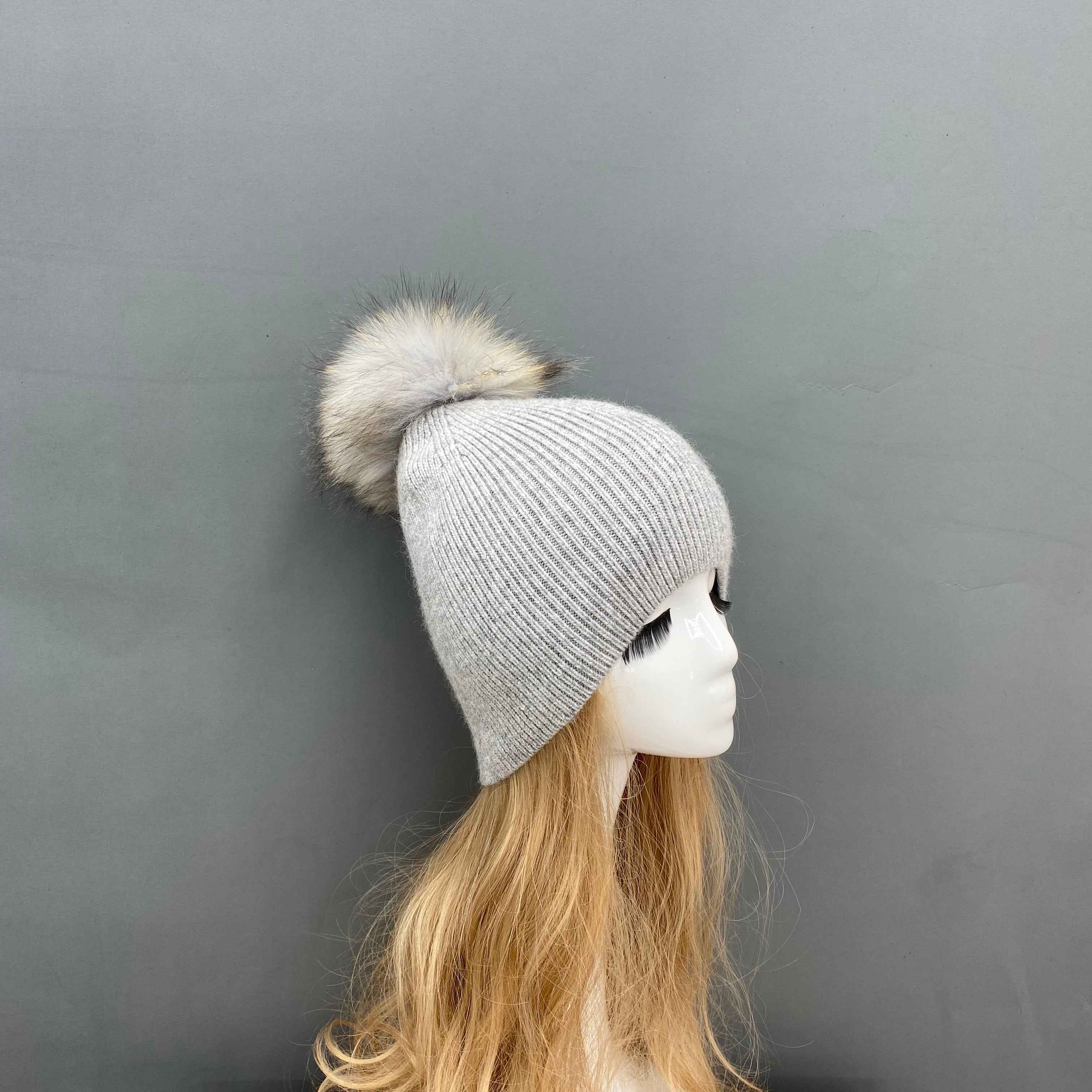 Women's & Kids' Gray Knit Beanie with Real Raccoon Fur Pom-Pom – Soft Rabbit Blend, Non-Cuffed Winter Hat for Family 7# Light Grey
