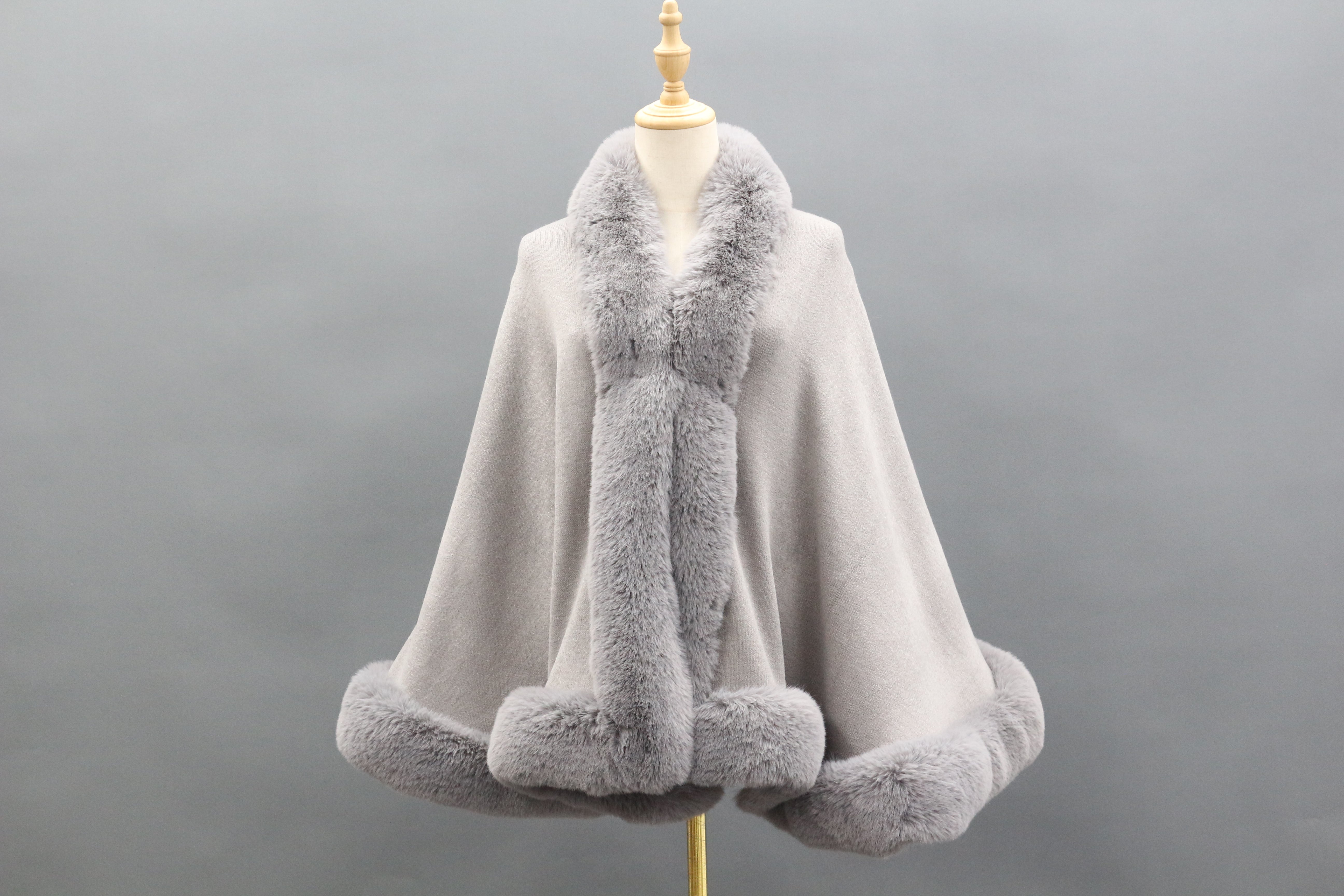 Women's Faux Fur Trimmed Cape with Front Placket & Hem Detailing - Luxurious Winter Accessory