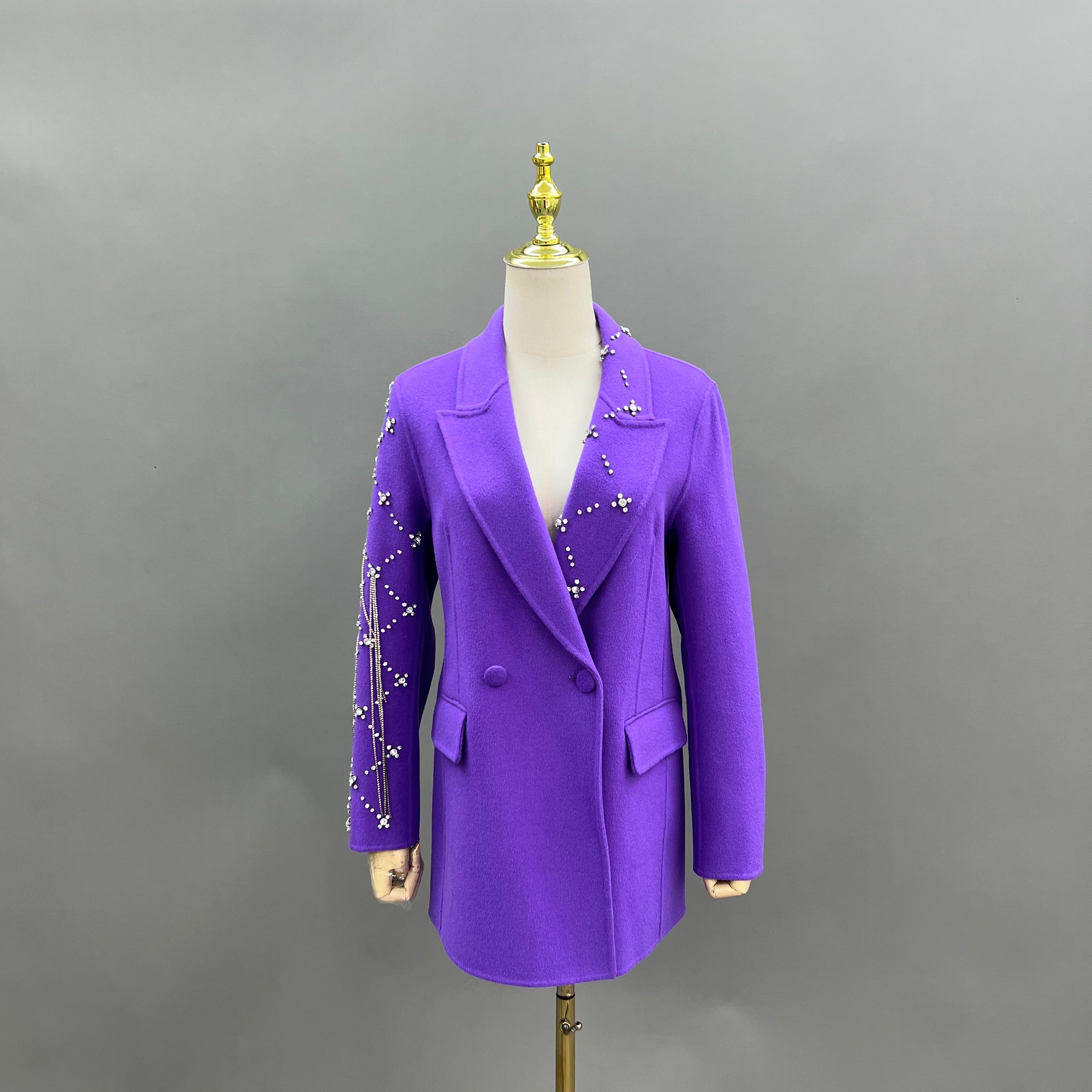 Elegant Pink Double-faced Wool Coat with Single-side Sleeve and Collar Diamond Embellishments - Janefur