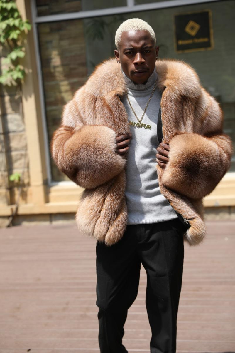 Men's Lapel With Vertical Stripes Special Fox Fur Coat - Janefur