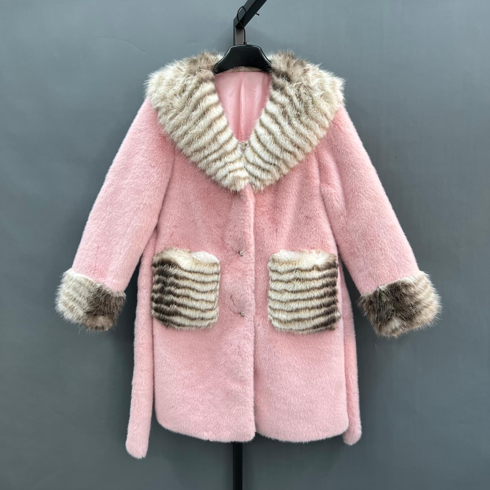 Women's Winter Large Lapel Striped Faux Mink Coat Eco-Fur Pink Coat - Janefur