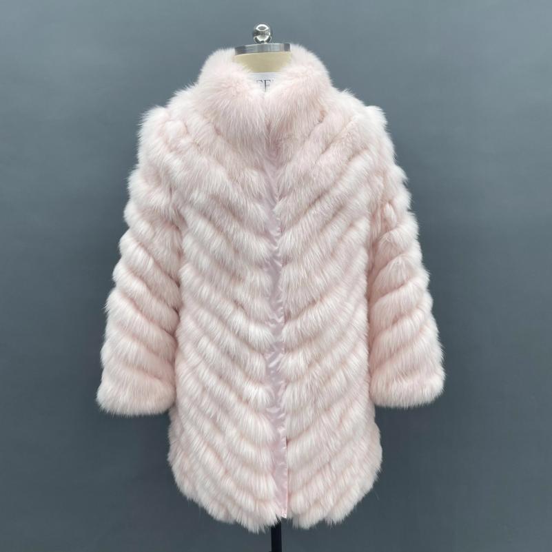 Reversible Long Jacket With Fox Fur And Diagonal Stripes - Janefur