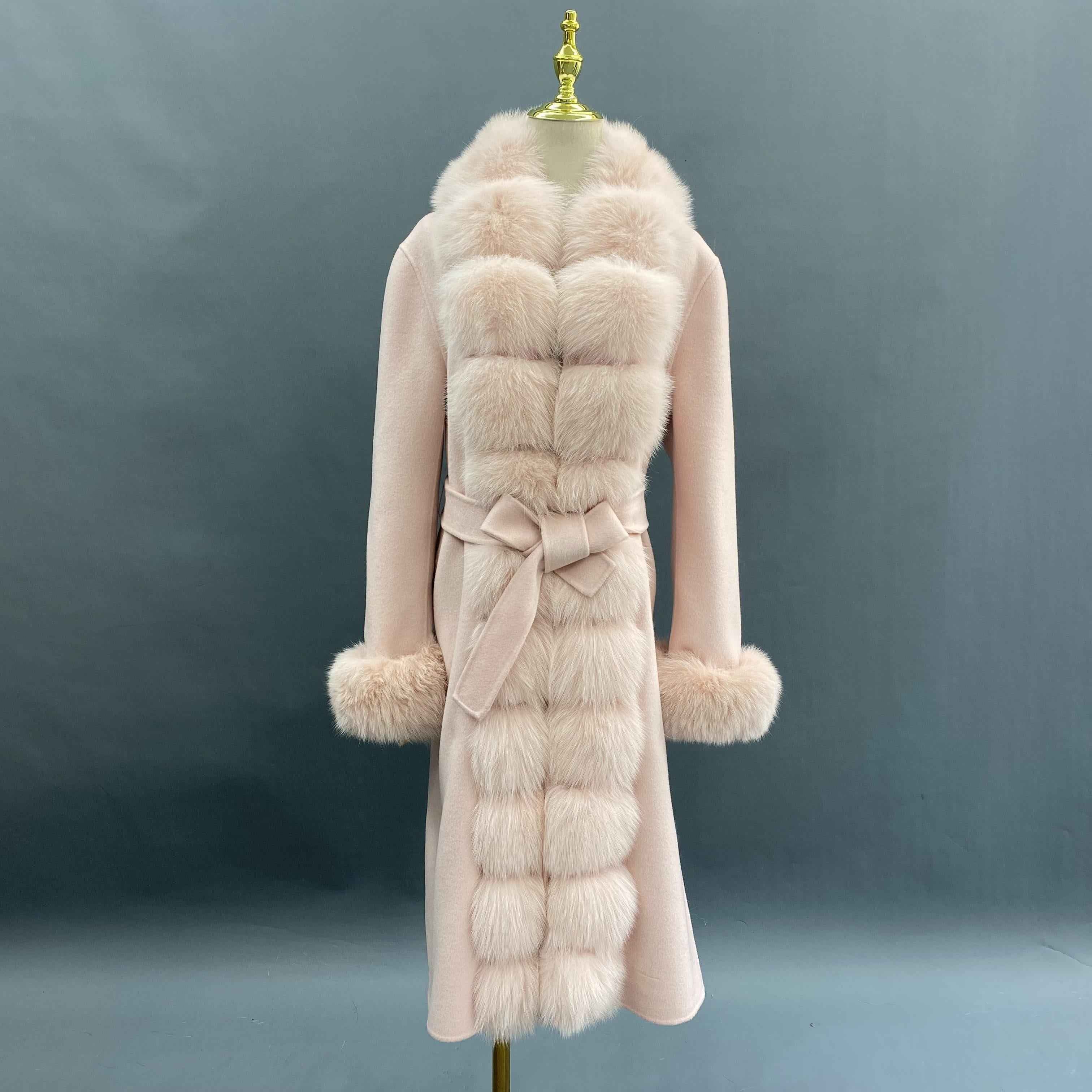 Segmented Fox Fur Front Wool Coat with Fur Cuffs - Janefur