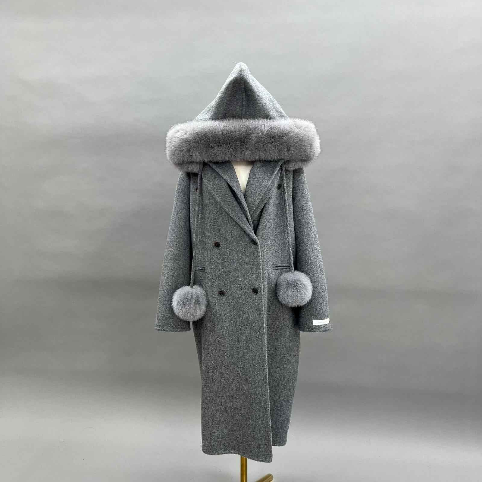 Double-Faced Wool Coat for Women Fashionable Removable Hat Long Double-Faced Wool Outer Coat - Janefur