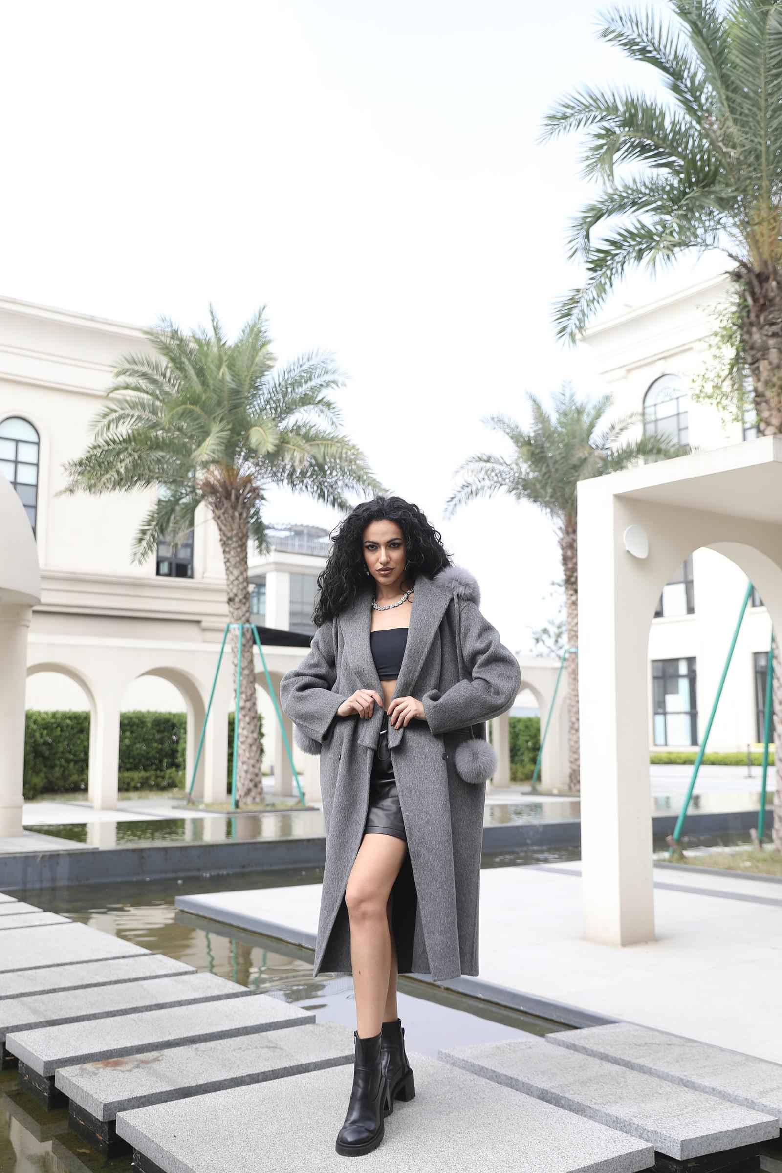 Double-Faced Wool Coat for Women Fashionable Removable Hat Long Double-Faced Wool Outer Coat - Janefur