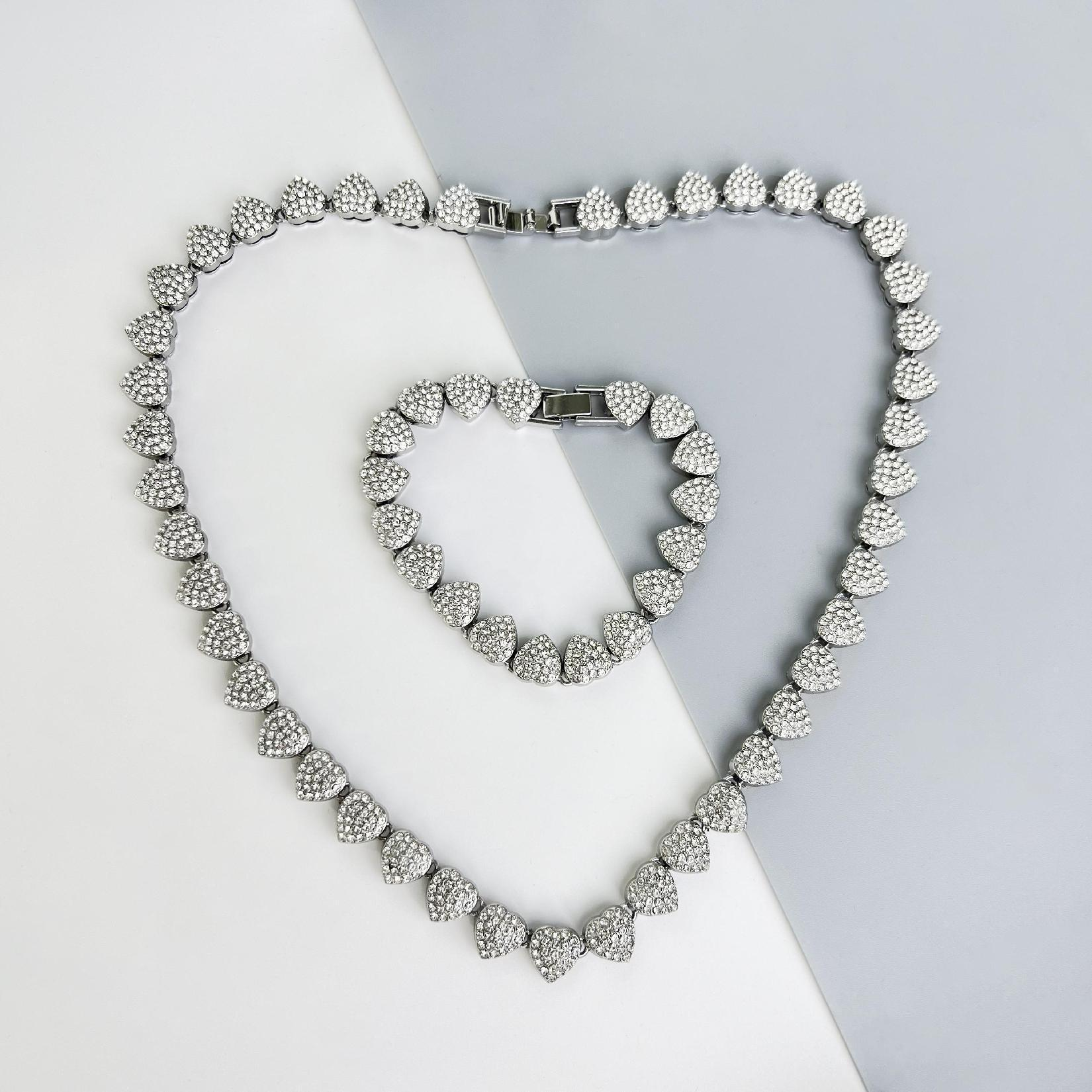 American Hip-Hop Heart-Shaped Full-Diamond Cuban Link Necklace and Bracelet Personalized Jewelry - Janefur
