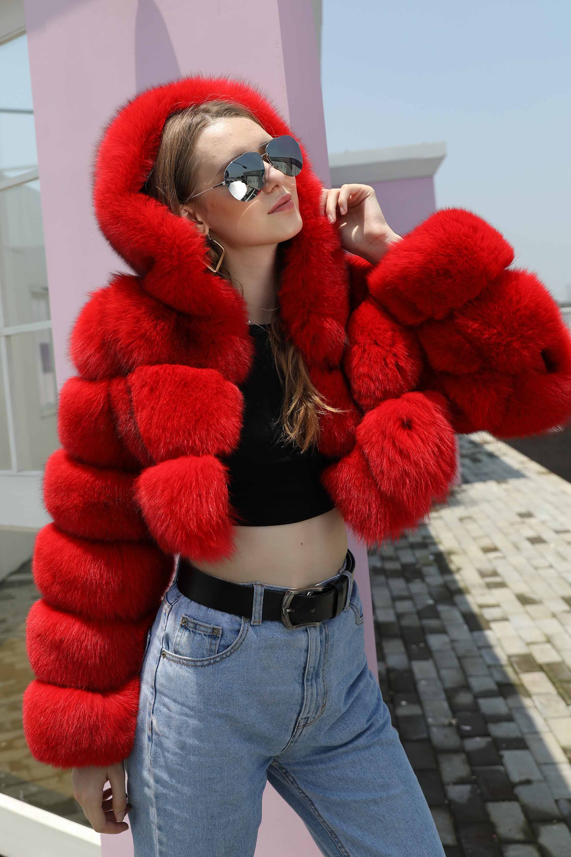 Fashion Short Genuine Fox Fur Coat Women's Winter Hooded Jacket - Janefur