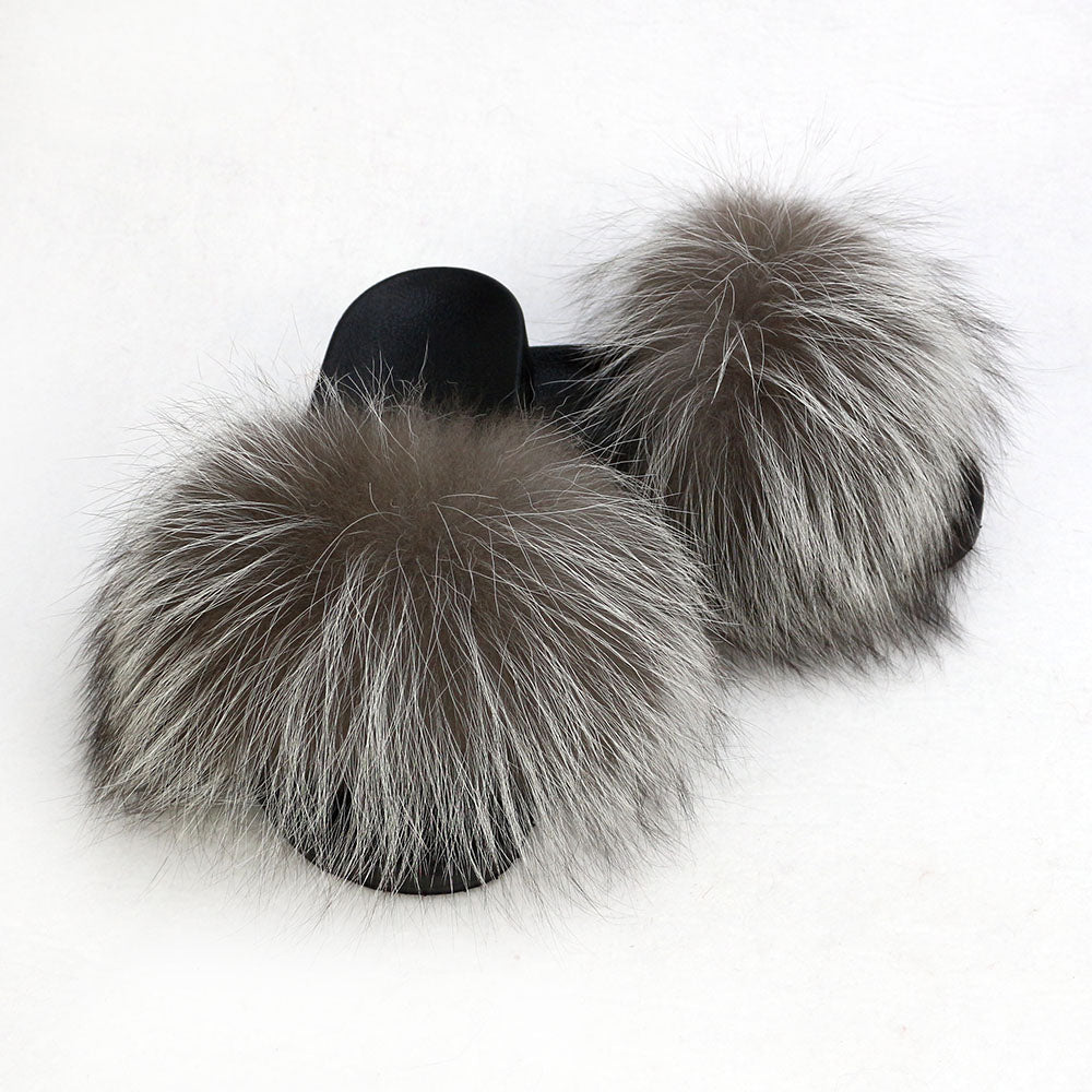 Janefur Wholesale Women's Fashion Slippers With Real Fox Fur Trim (Black, Gold, Silver Soles)