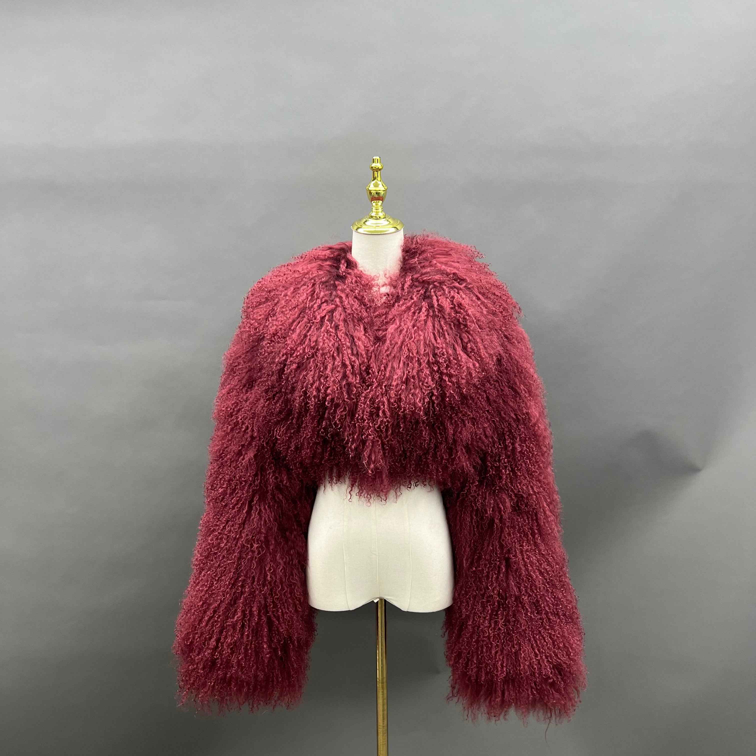 Women's Burgundy Mongolian Lamb Fur Jacket – Notch Lapel, Crop Top, Stylish Winter Outerwear for Women 7#Wine