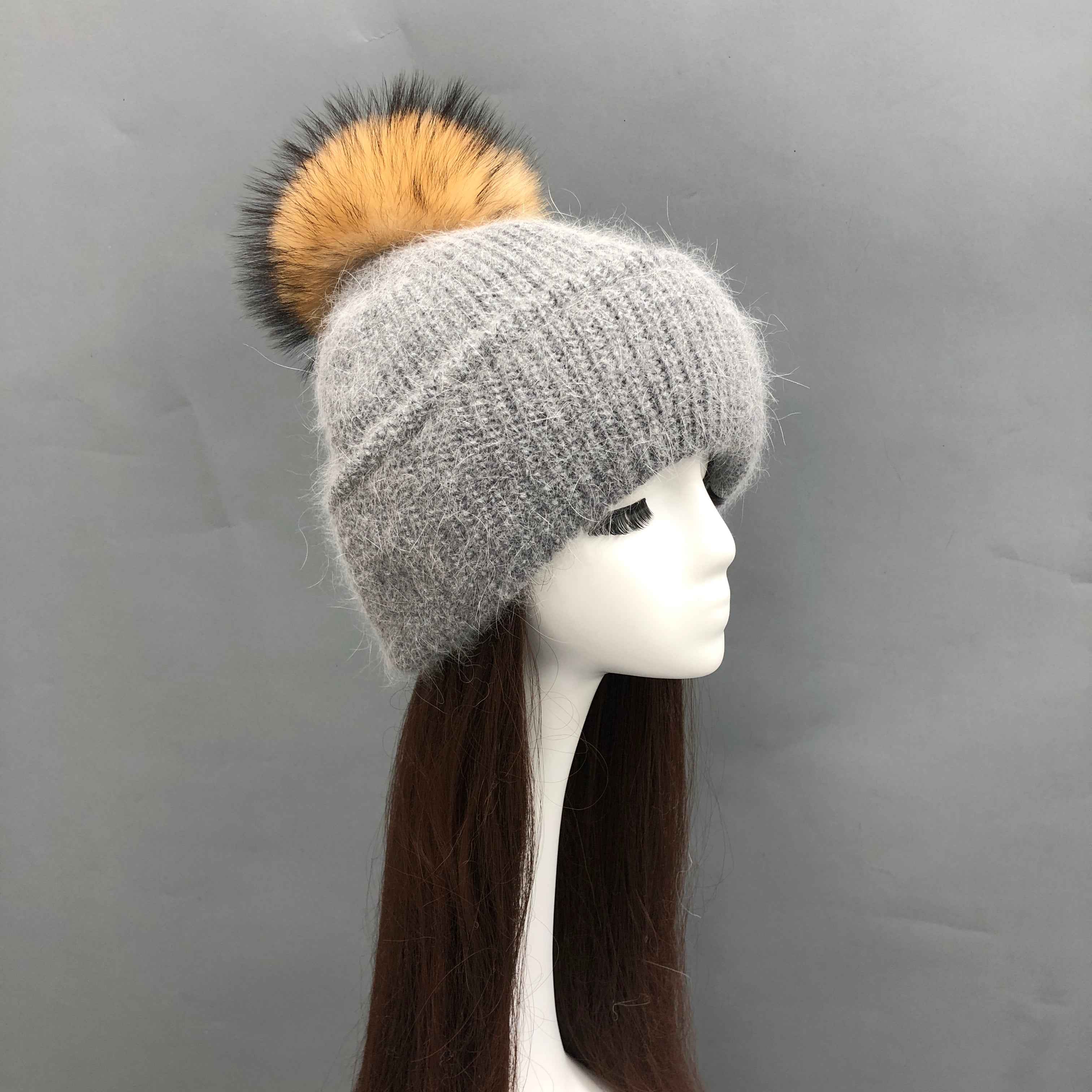Wholesale Fleece-Lined Rabbit Fur Knit Beanie – Two-Fold Cuff with Raccoon Fur Pompom, Warm Winter Hat for Women, Premium Quality in Bulk 5#Grey Adult