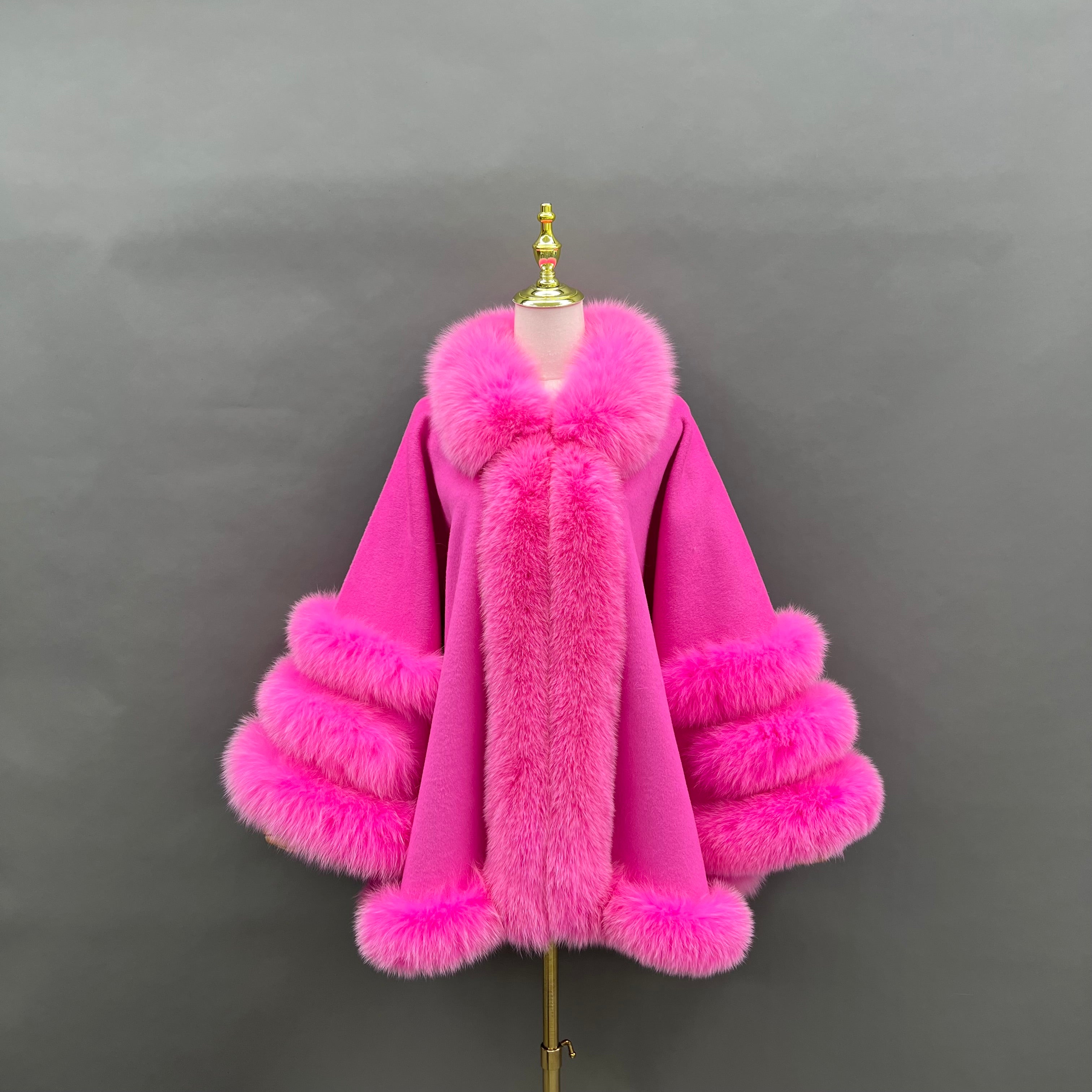 Women’s Camel Wool Cape with Real Fox Fur Trim – Elegant Sleeveless Coat for Luxury Winter Fashion 5#Pink M