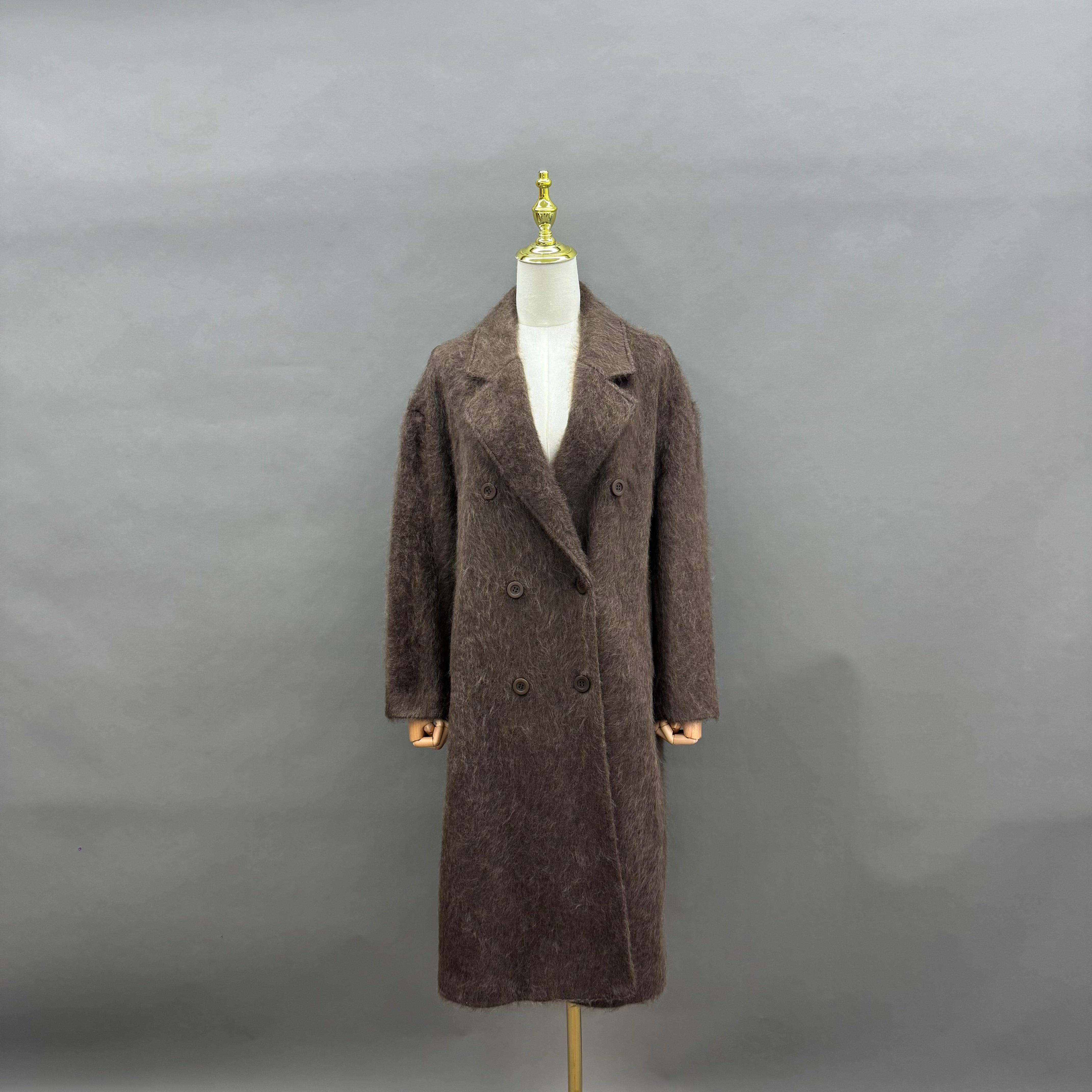 Women’s Gray Wool and Cashmere Blend Double-Breasted Long Coat – Classic Notched Lapel Winter Outerwear for Elegant Fashion 5#Brown