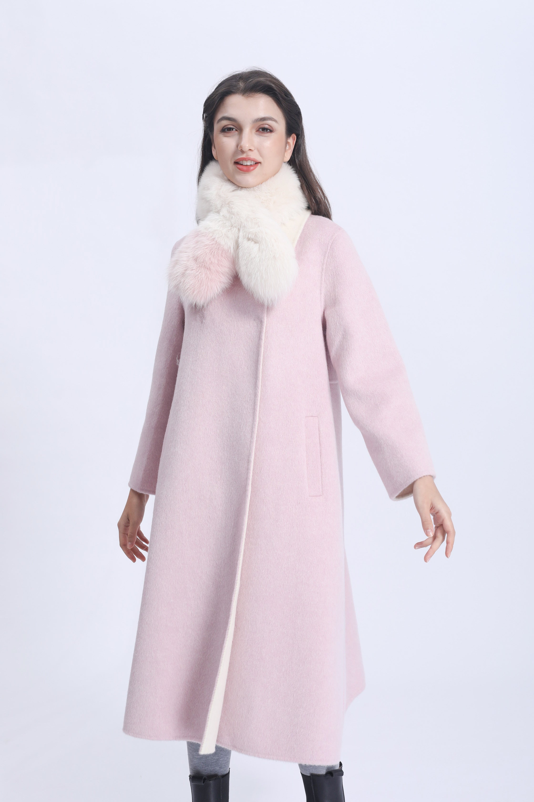 Women's Luxury Double - Faced Wool Trench Coat with Detachable Fox Fur Scarf, Elegant Winter Outerwear