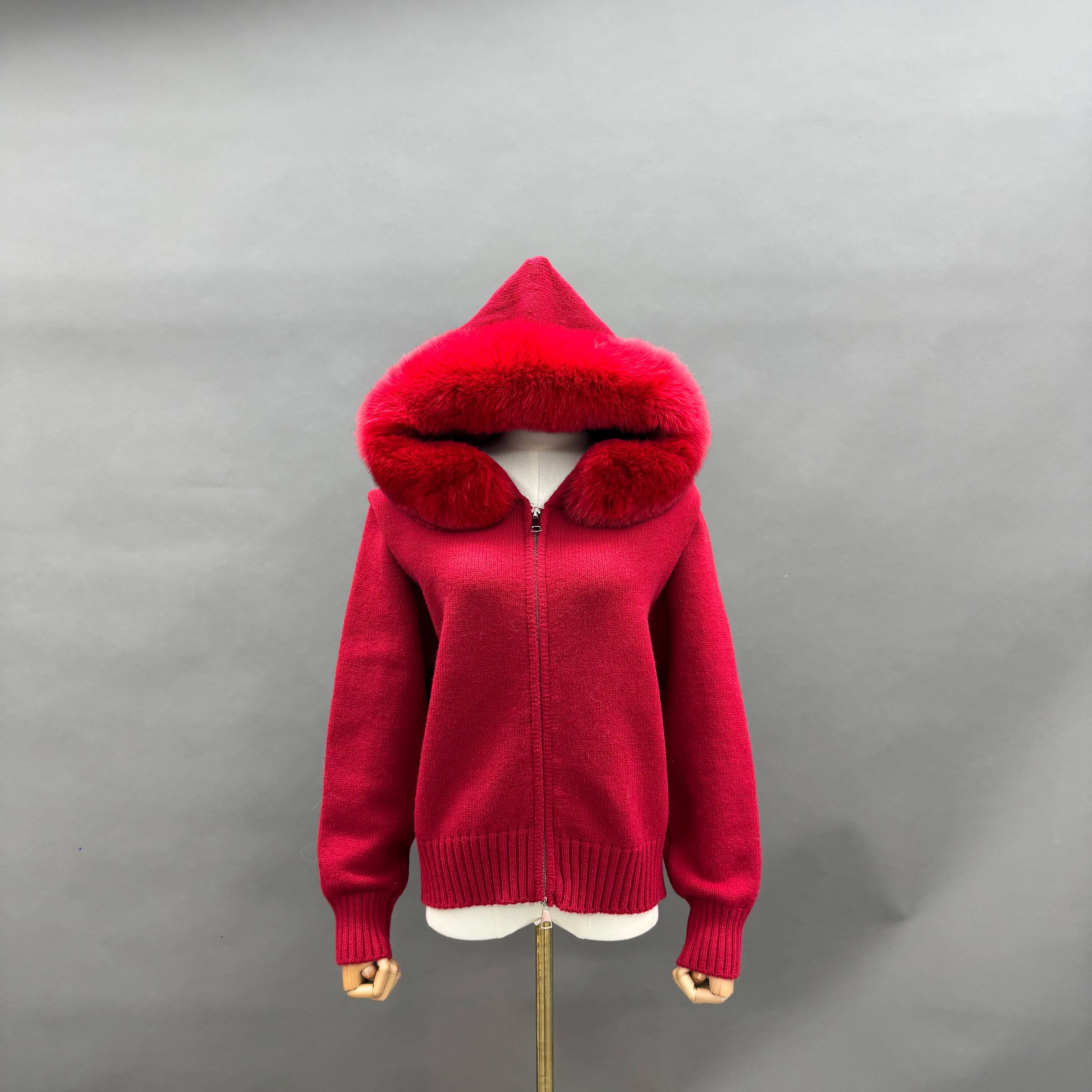 Women’s Beige Sheep Wool Knit Hooded Jacket with Real Fox Fur Trim – Full-Zip Winter Coat for Cold Weather Fashion 8#Red F-chest 104