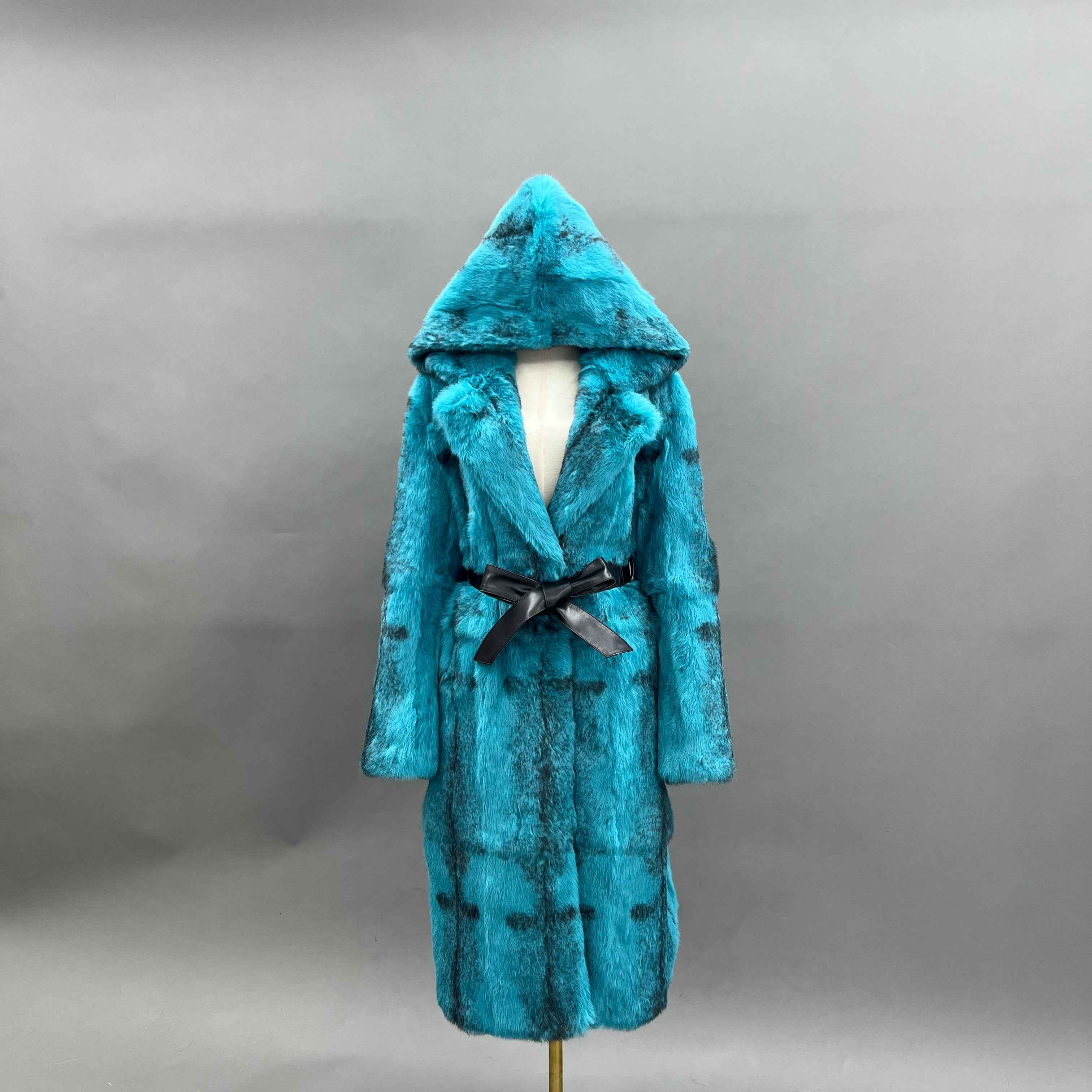 Luxury Pink Rabbit Fur Coat with Hood and Notched Lapel – Long Women’s Winter Fur Jacket with Belt