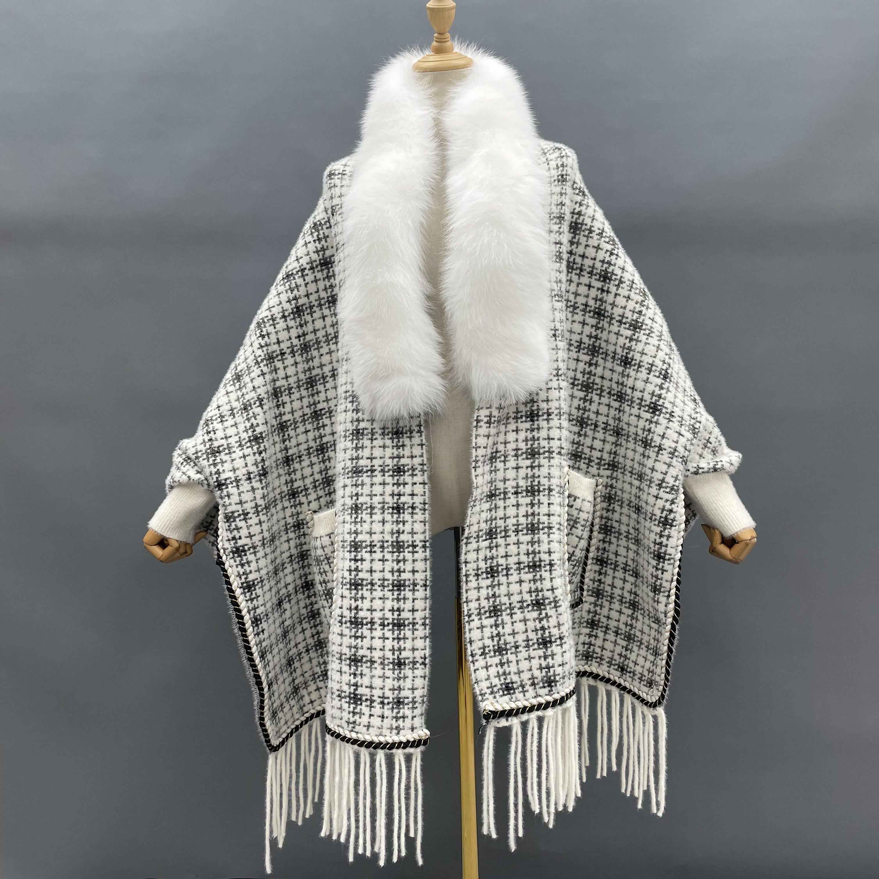Women's Luxurious Chanel-Style Tweed Check Shawl Cardigan with Fox Fur Collar, Ribbed Cuffs & Fringe Detail - Winter Fashion Outerwear 5#White F
