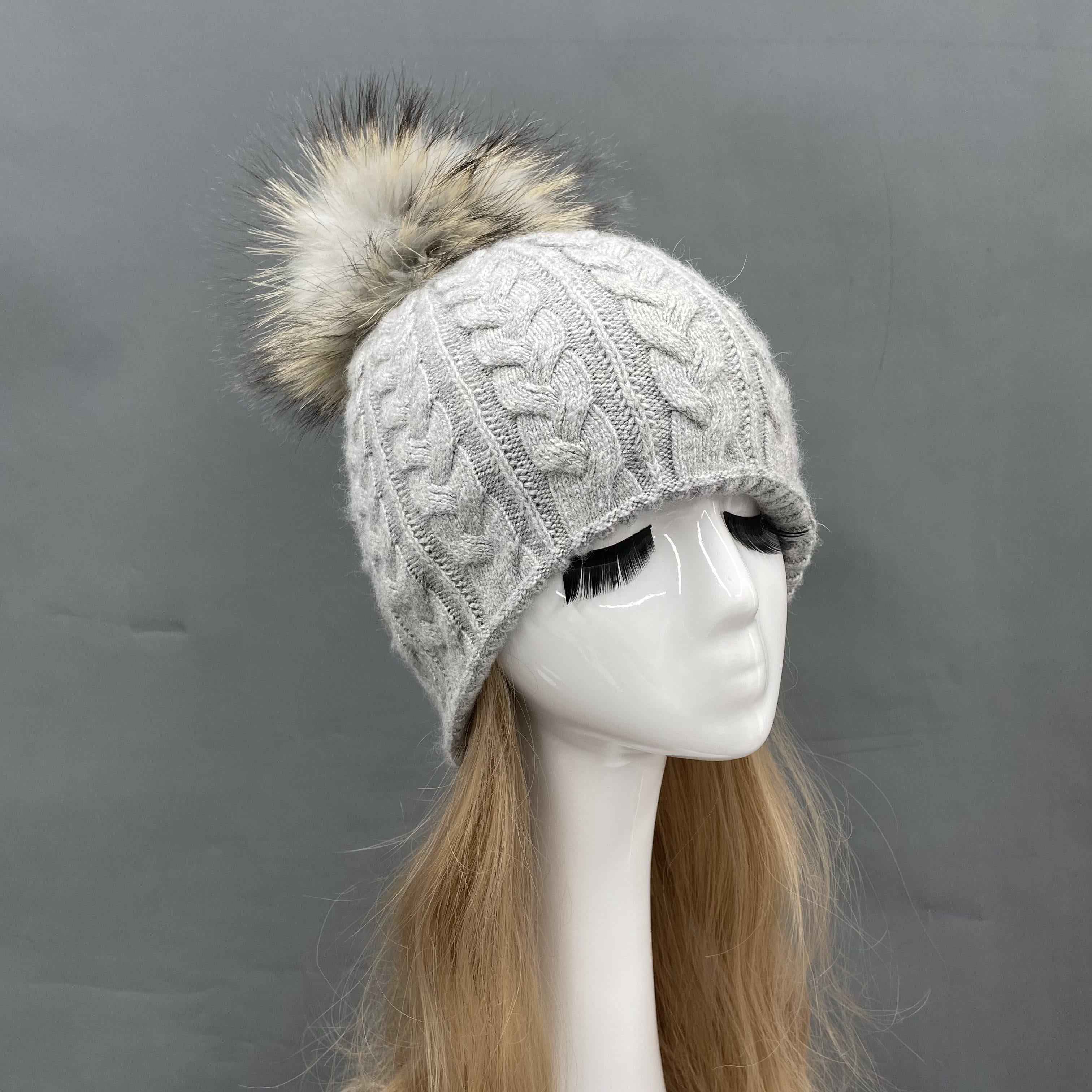 Women's Black Cable Knit Beanie with Real Raccoon Fur Pom-Pom – Soft Rabbit Blend Winter Hat for Women 4#Light Grey a25 b42-70