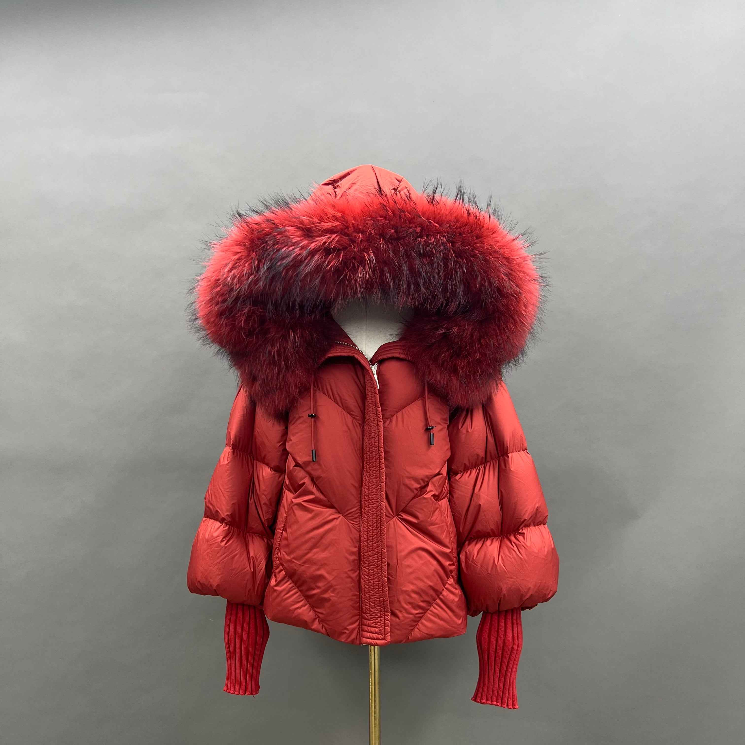 Women's Puffer Down Jacket with Raccoon Fur Trimmed Hood and Elastic - Extended Sleeves