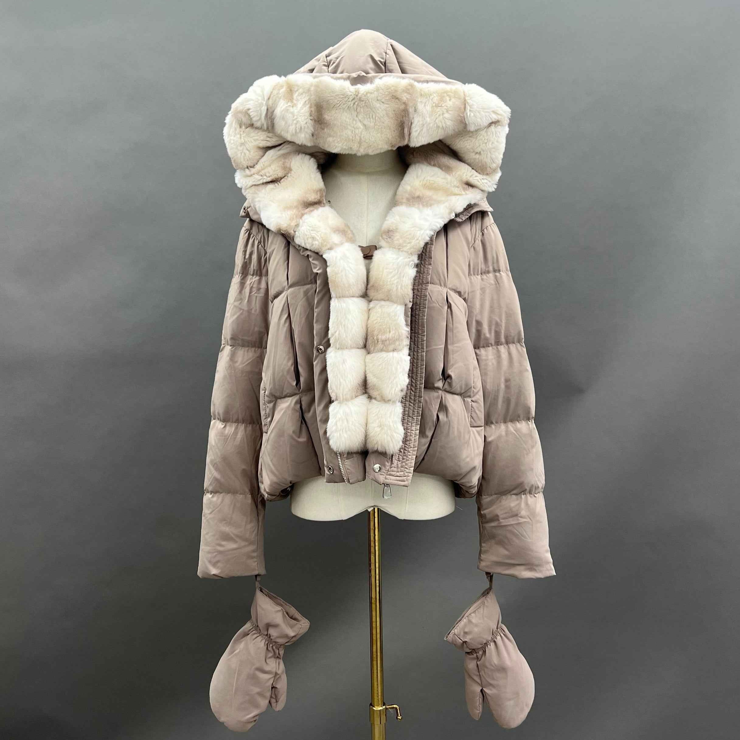 Women's Down Jacket with Removable Rabbit Fur Lined Hood & Front, Detachable Gloves Included
