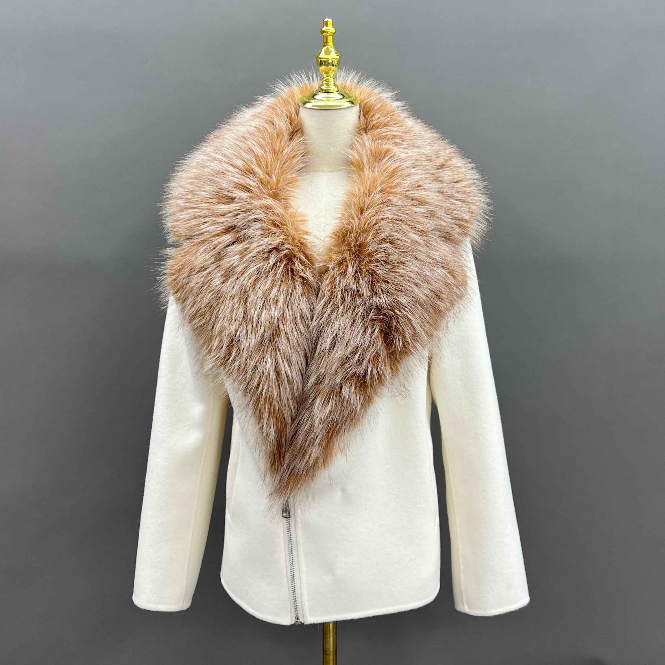 Autumn Winter White Cashmere Wool Double - faced Coat with Faux Fur Collar & Asymmetric Zipper