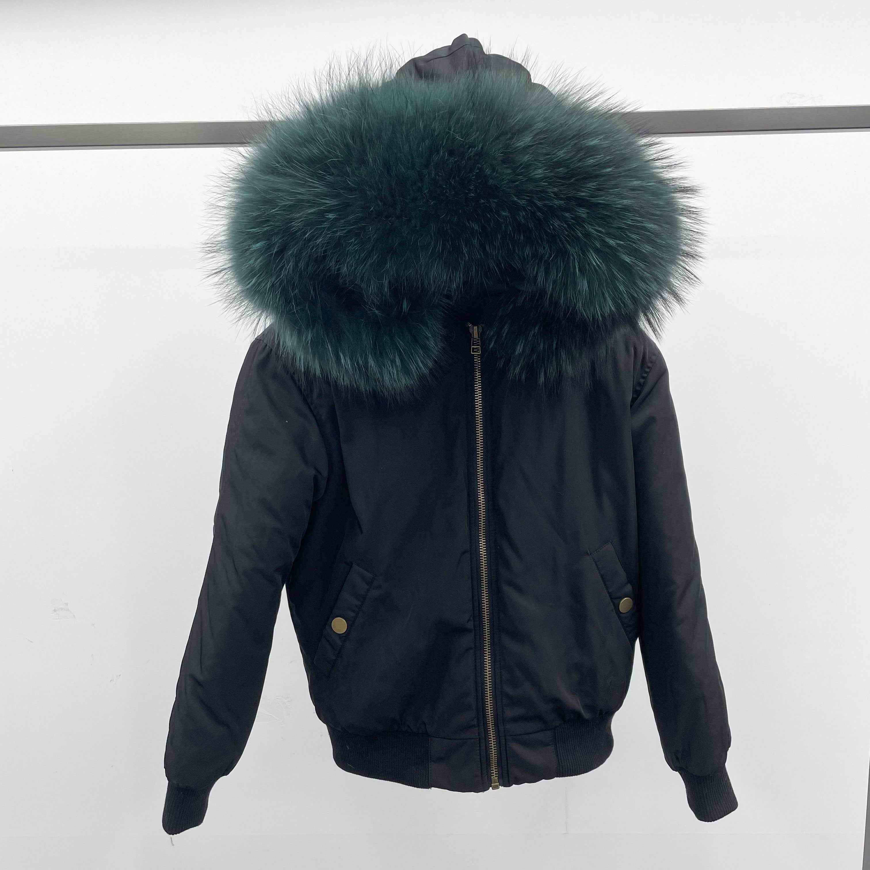 Women's Bomber Jacket with Raccoon Fur Collar – Winter Flight Jacket, Faux Fur Trim Aviator Coat for Cold Weather 5#Black