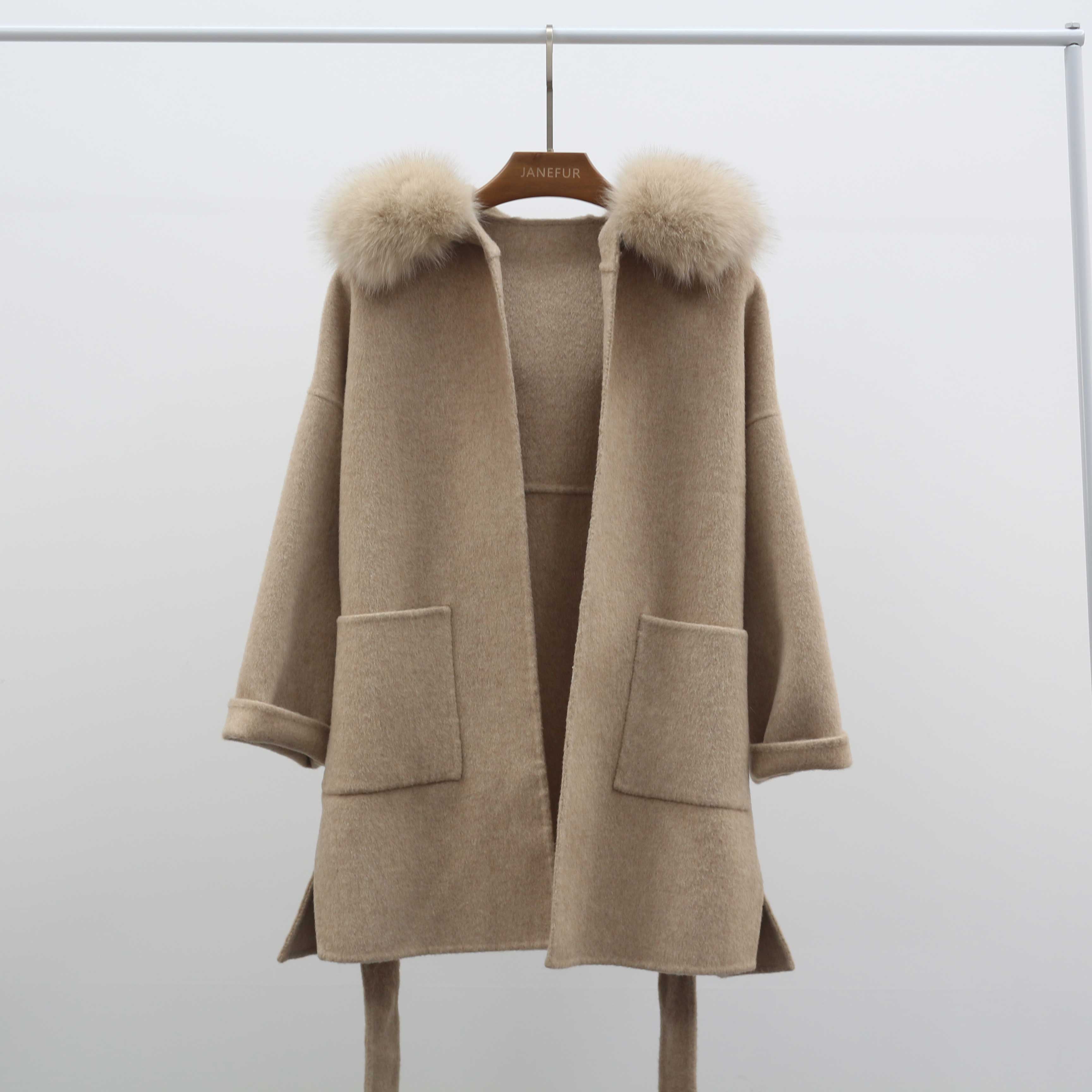 Double-sided Cashmere Mid-length Hooded Large Fur Collar Coat Women's Winter Coat - Janefur