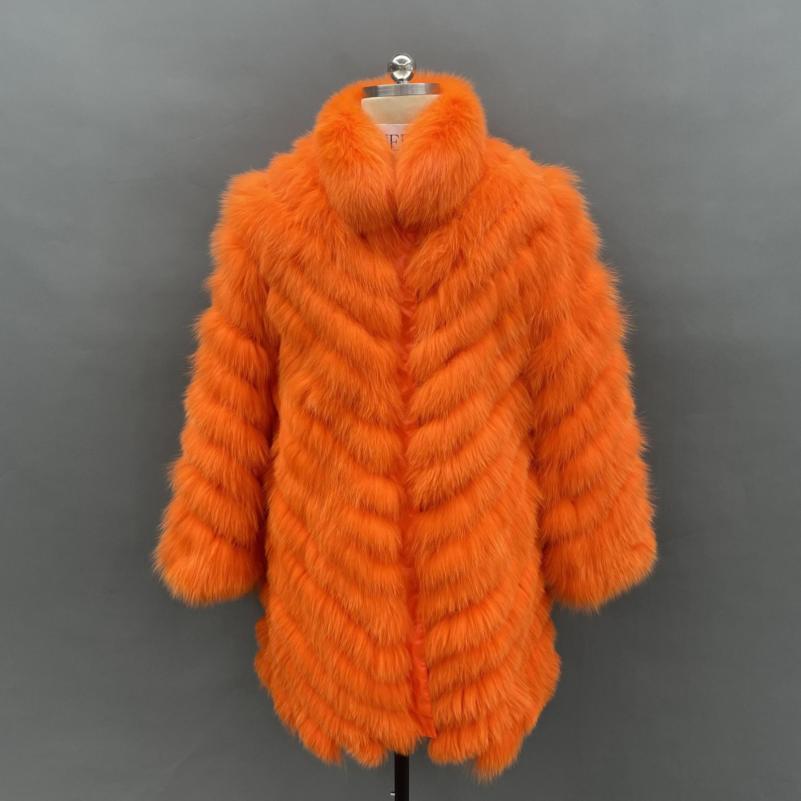 Reversible Long Jacket With Fox Fur And Diagonal Stripes - Janefur