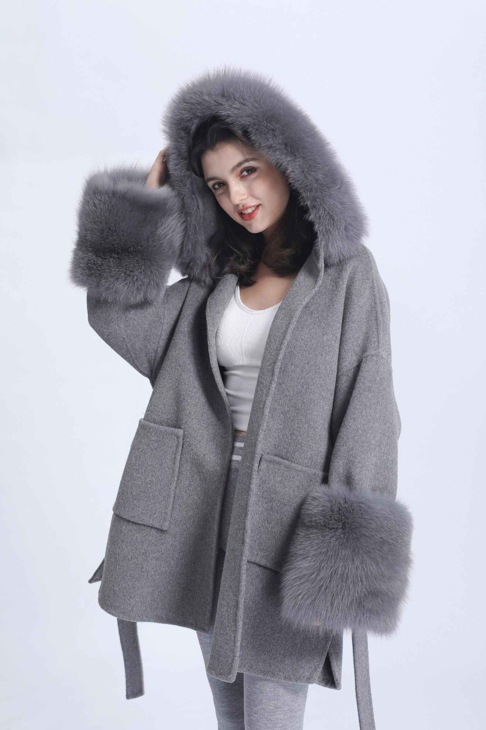 Double-faced Wool Coat Women's Casual Short Style with Cuffed Fur Sleeves, Hood, and Fur Collar Cashmere Jacket - Janefur