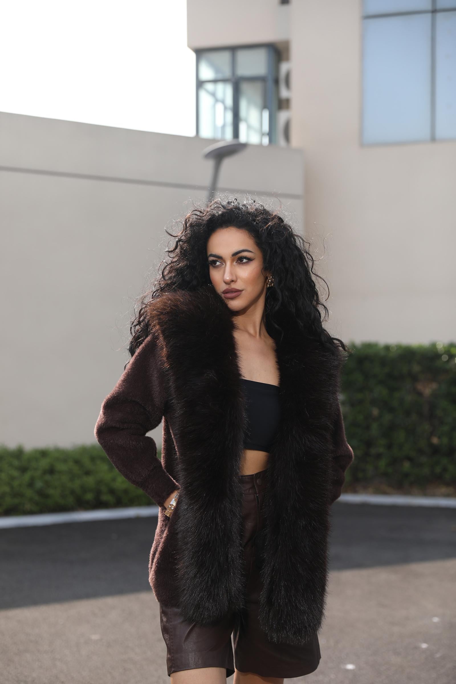 Women's Fox Pile Knit Coat with Faux Mink Placket and Faux Fur Collar - Janefur