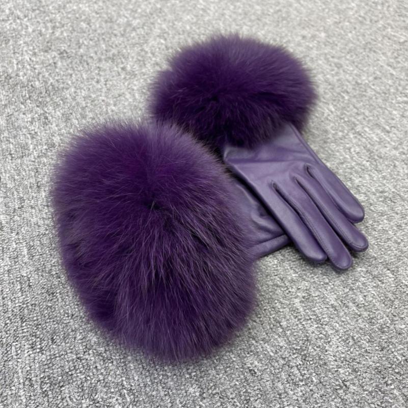 Fox Fur Leather Gloves Rose - Janefur