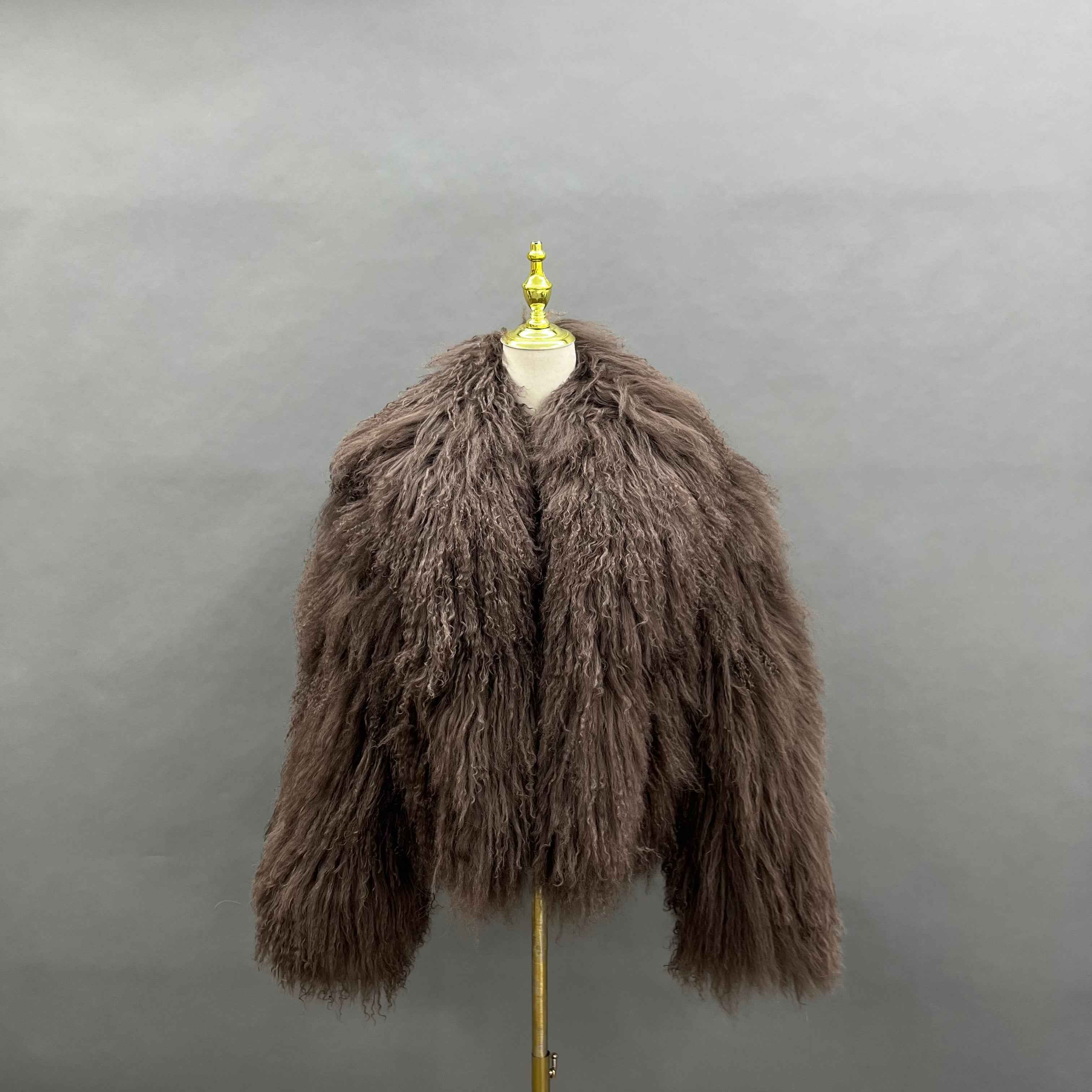 Women's Short Emerald Green Mongolian Lamb Fur Jacket – Notch Lapel, Curly Hair, Stylish Winter Outerwear for Women 9#Brown