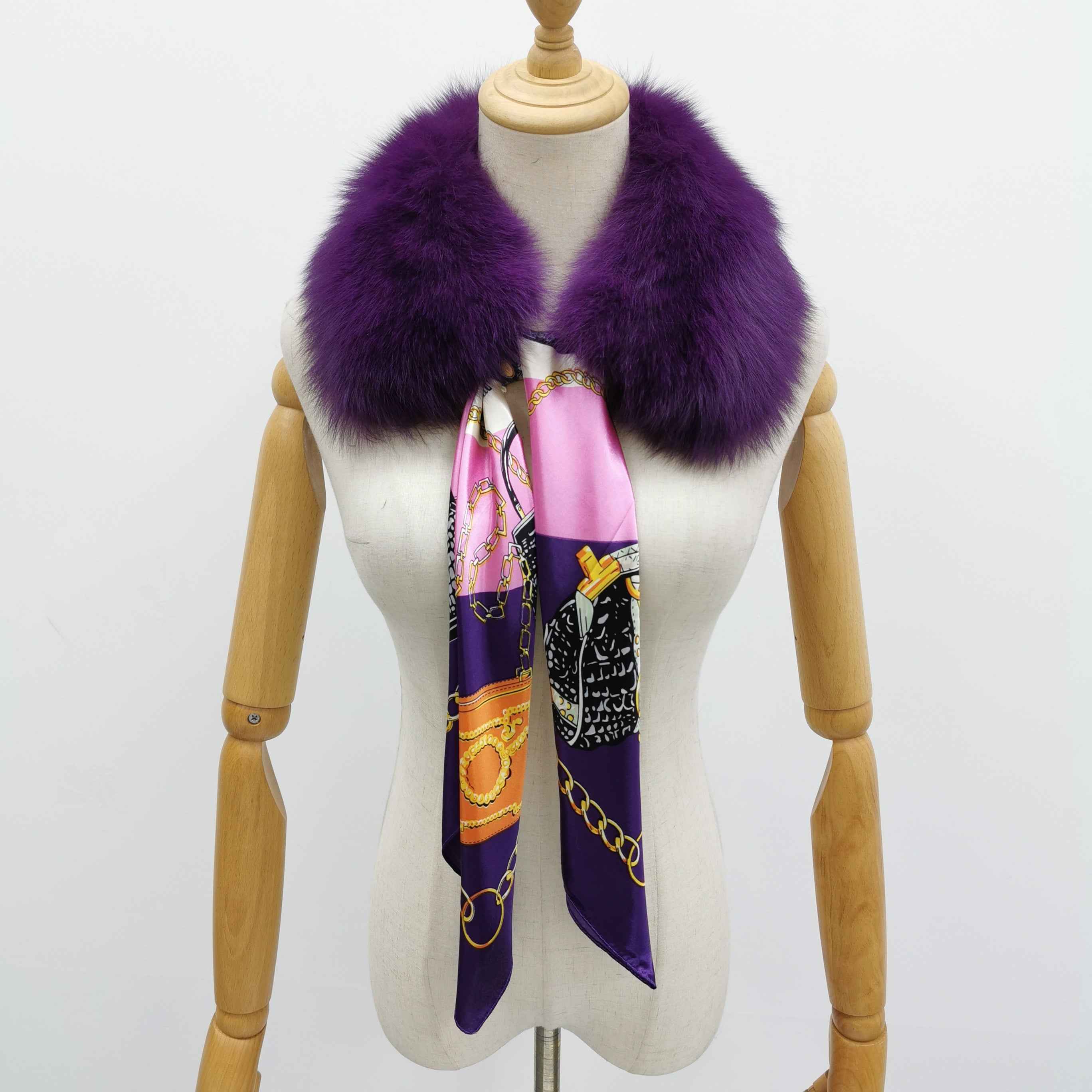 Women's Luxurious Fox Fur Small Square Collar with Printed Silk Scarf - Fashion Accessory #4Purple F