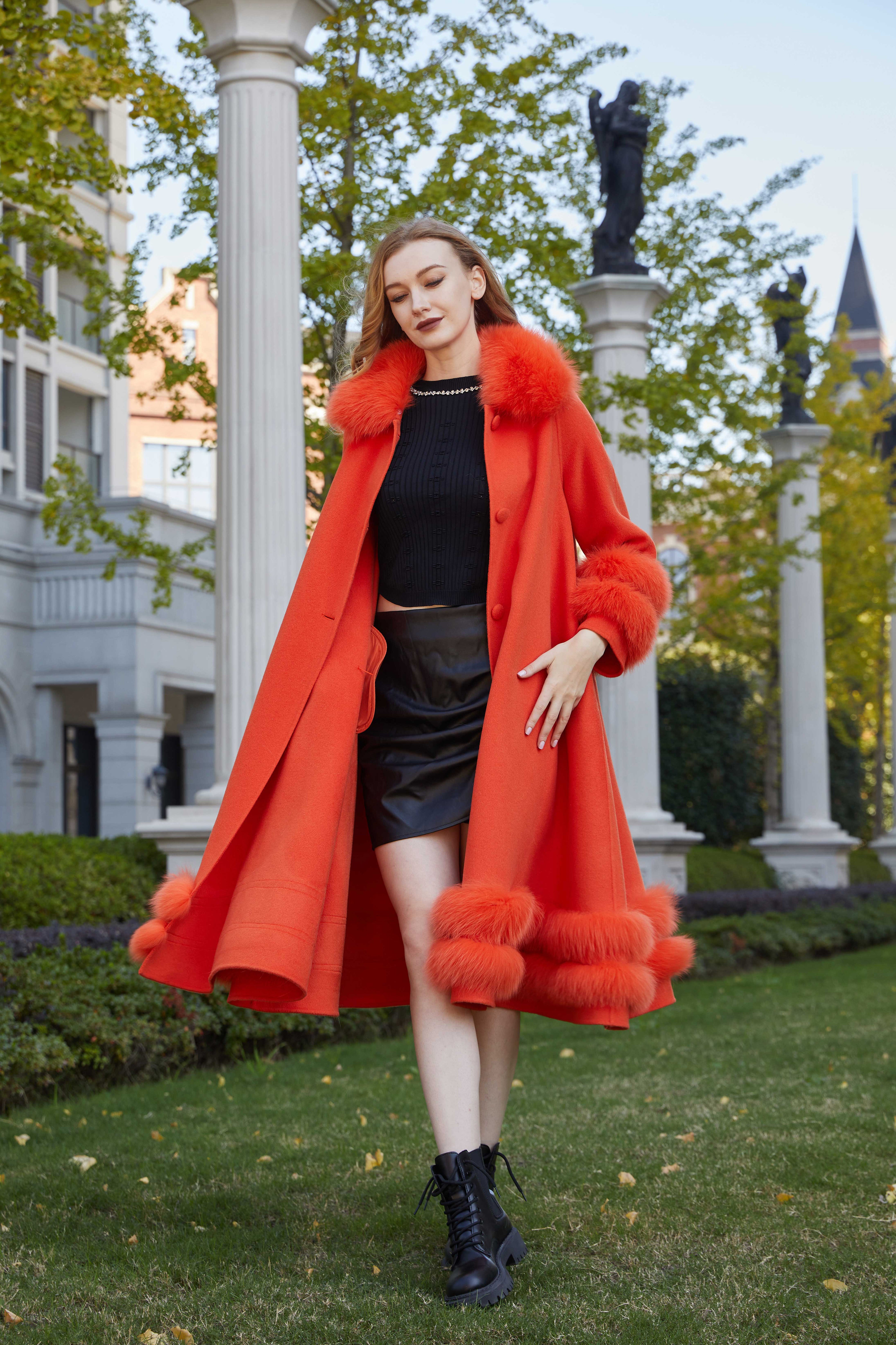 Women's Double Sided Cashmere Coat with Two Sections of Fur Collar at Hem and Cuffs
