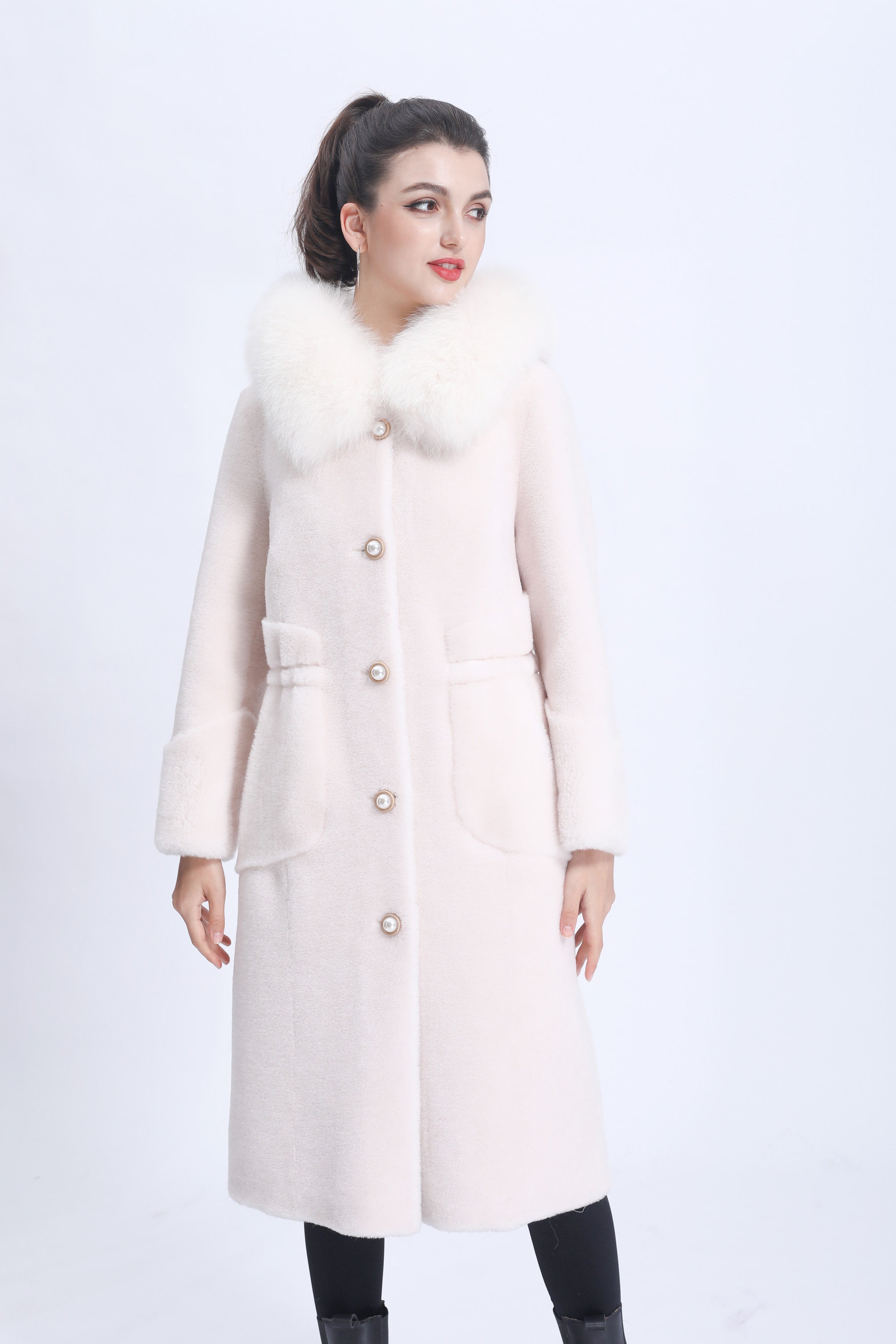 Women's Shearling Long Coat with Hood, Pearl Buttons & Fox Fur Trim - Luxurious Winter Outerwear