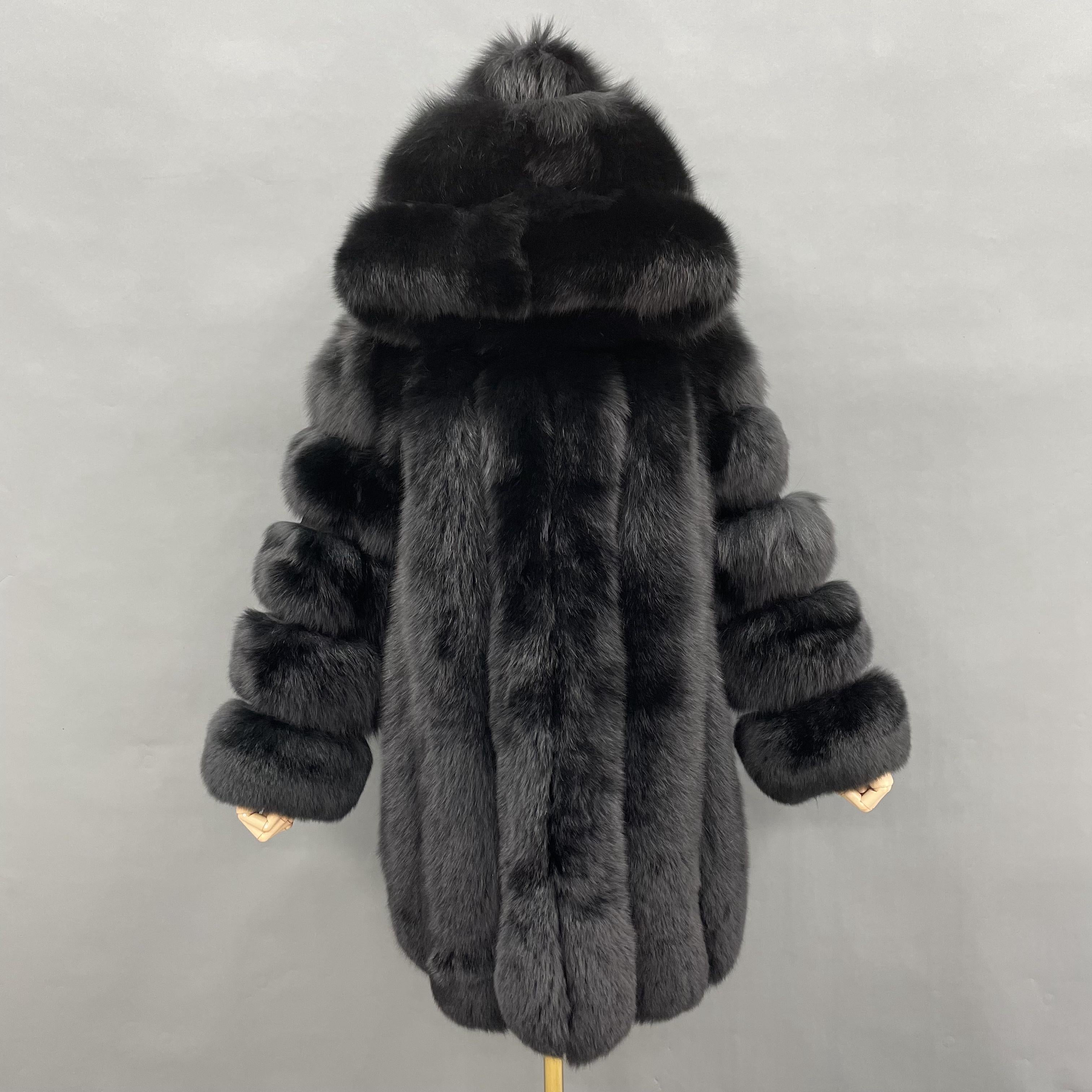 Women's Warm Real Fox Fur Hooded Coat In Winter Black