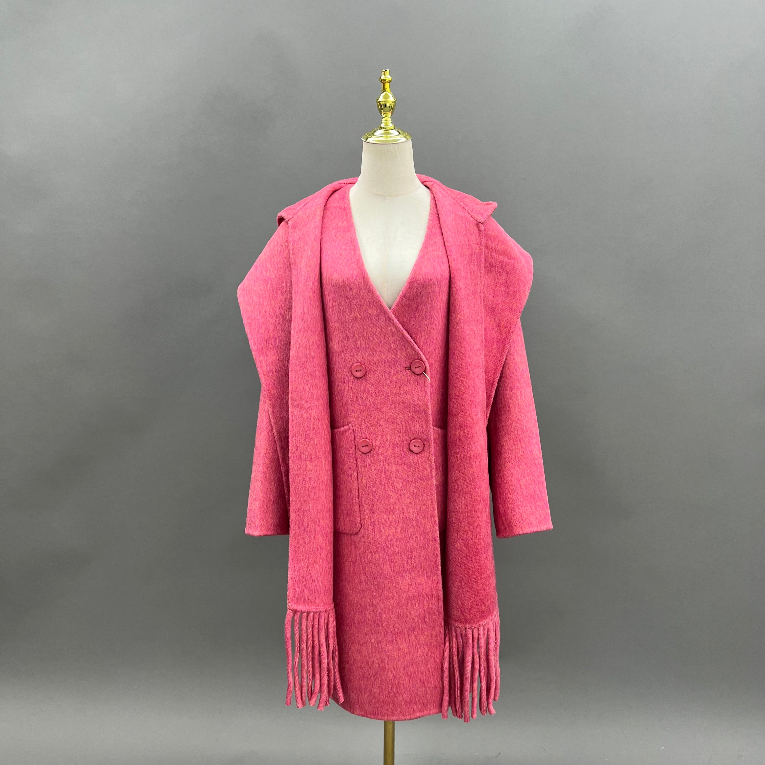 Women’s Pink Double-Faced Wool Coat with Hood and Scarf Collar – Long Winter Jacket with Fringe Detail for Fashion Statement